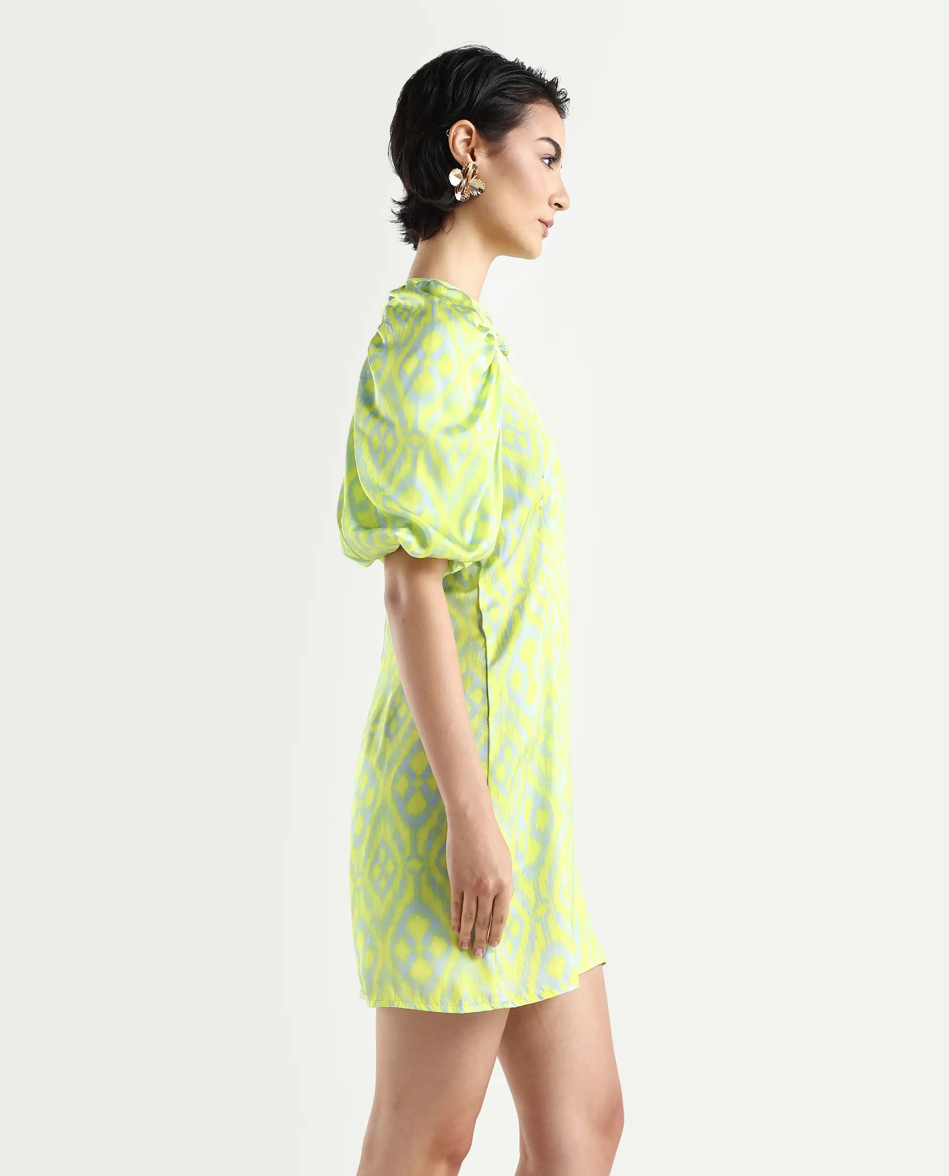 Rareism Women's Robertson Flouroscent Yellow Polyester Crew Neck Geometric Print Puff Sleeves Mini Slim Fit Dress