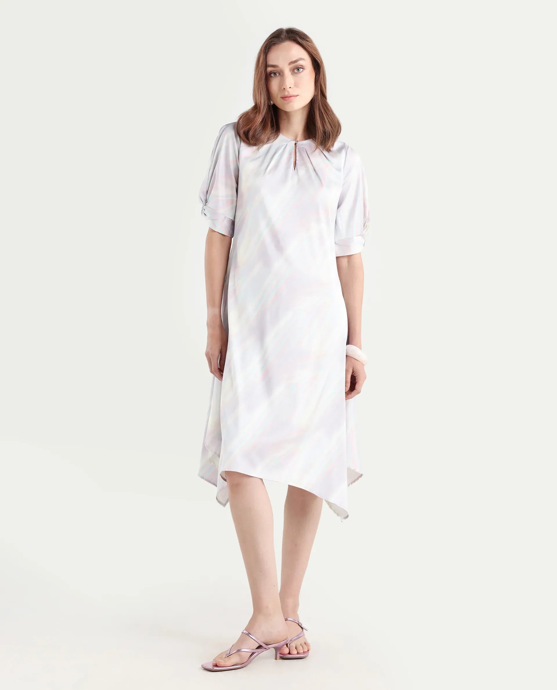 Rareism Women's Rogaz Light Multi Polyester Crew Neck Floral Print Balloon Sleeve Midi Asymmetric Dress