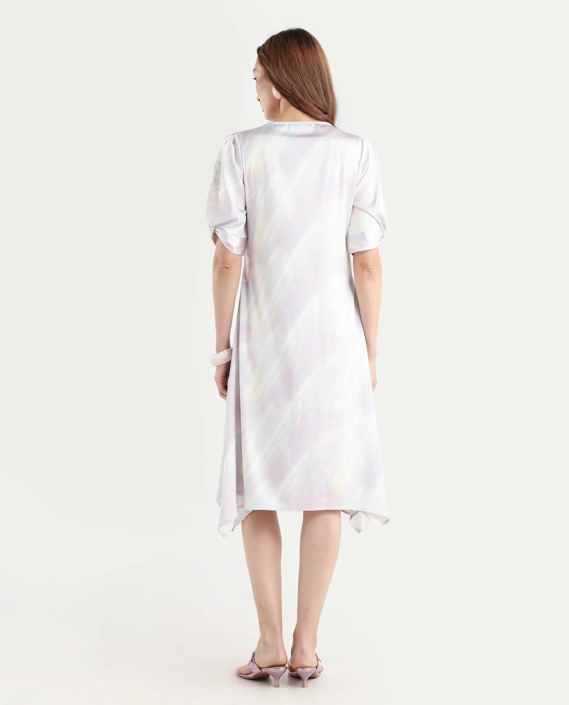 Rareism Women's Rogaz Light Multi Polyester Crew Neck Floral Print Balloon Sleeve Midi Asymmetric Dress