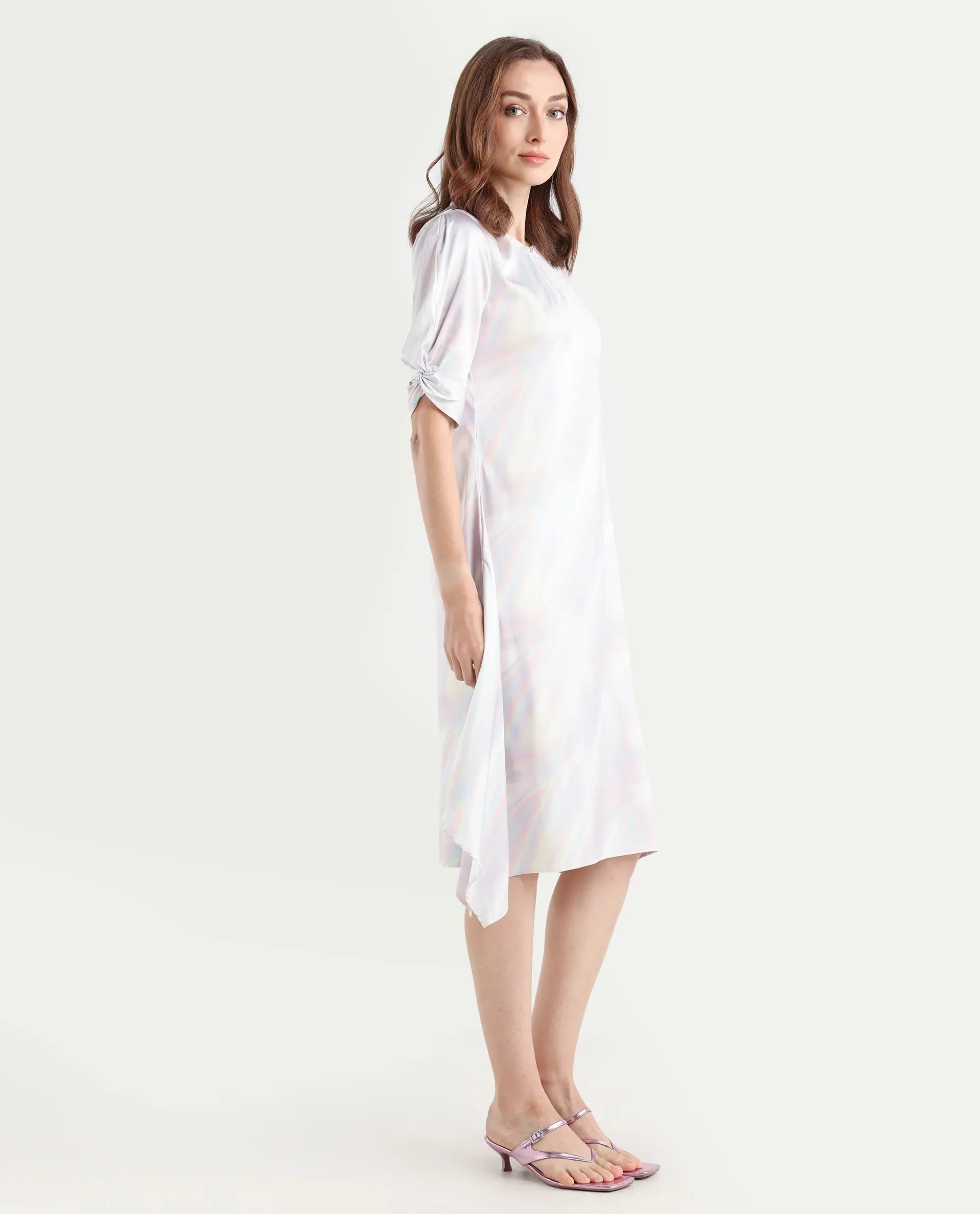 Rareism Women's Rogaz Light Multi Polyester Crew Neck Floral Print Balloon Sleeve Midi Asymmetric Dress