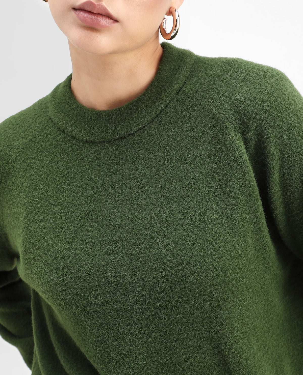 Rareism Women's Roho Dark Green Nylon Crew Neck Relaxed Fit Sweater
