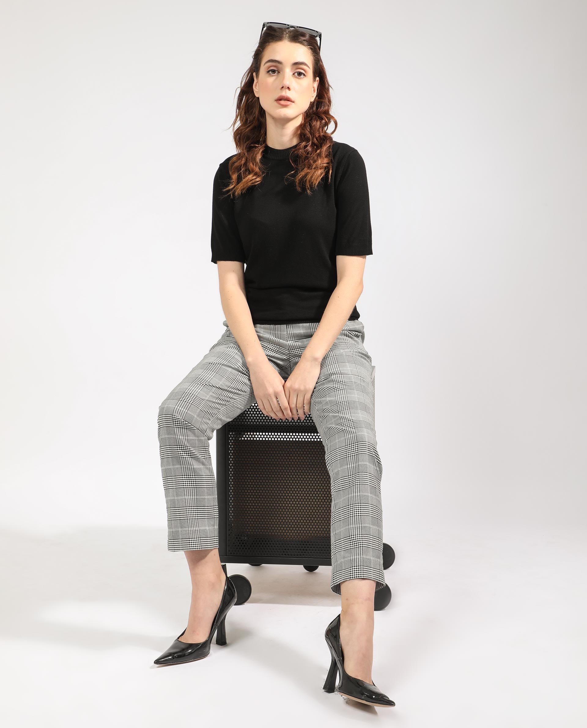 Rareism Women Rohrdo Black Viscose Fabric Half Sleeves Regular Fit Solid Round Neck Sweater