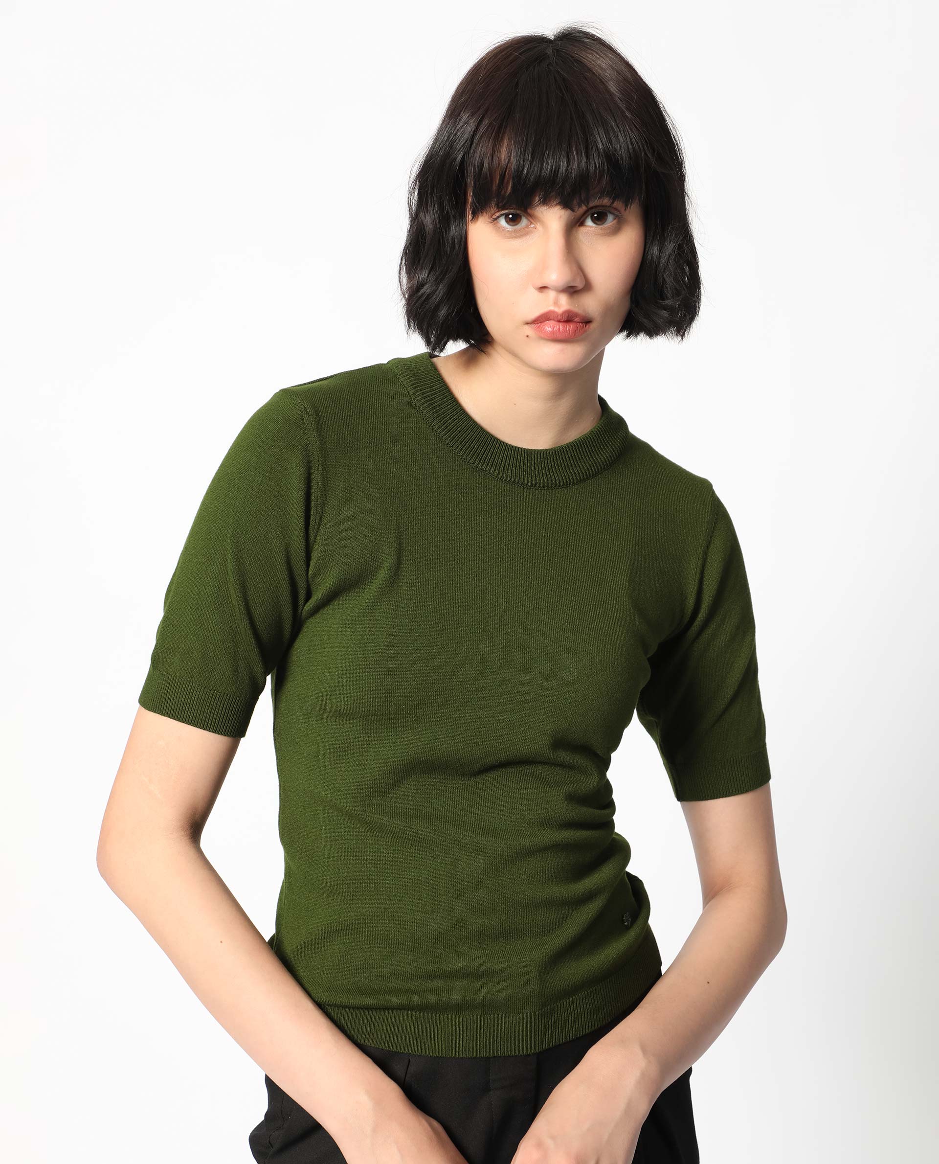 Rareism Women's Rohrdo Olive Viscose Crew Neck Plain Regular Fit Sweater