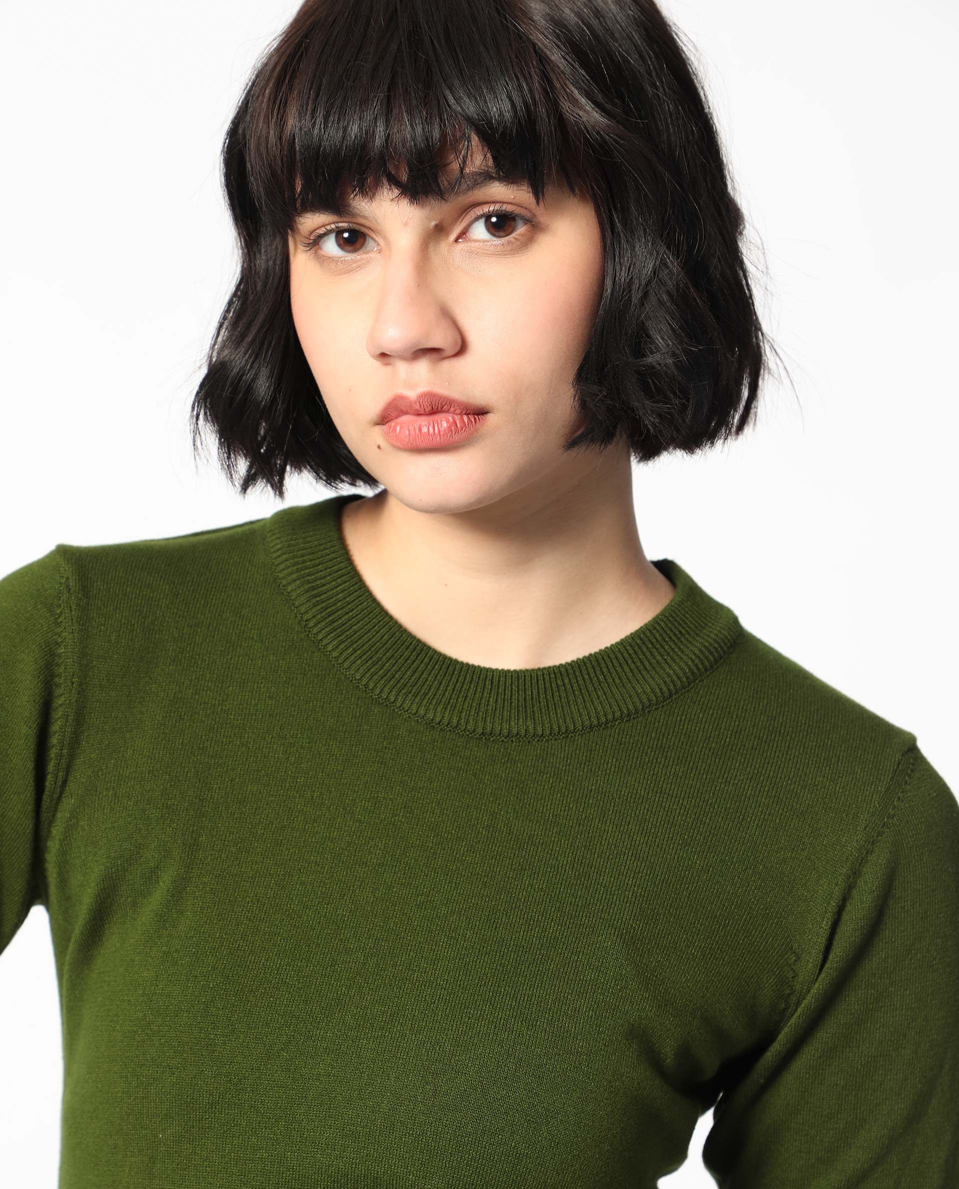 Rareism Women Rohrdo Olive Viscose Fabric Half Sleeves Regular Fit Solid Round Neck Sweater