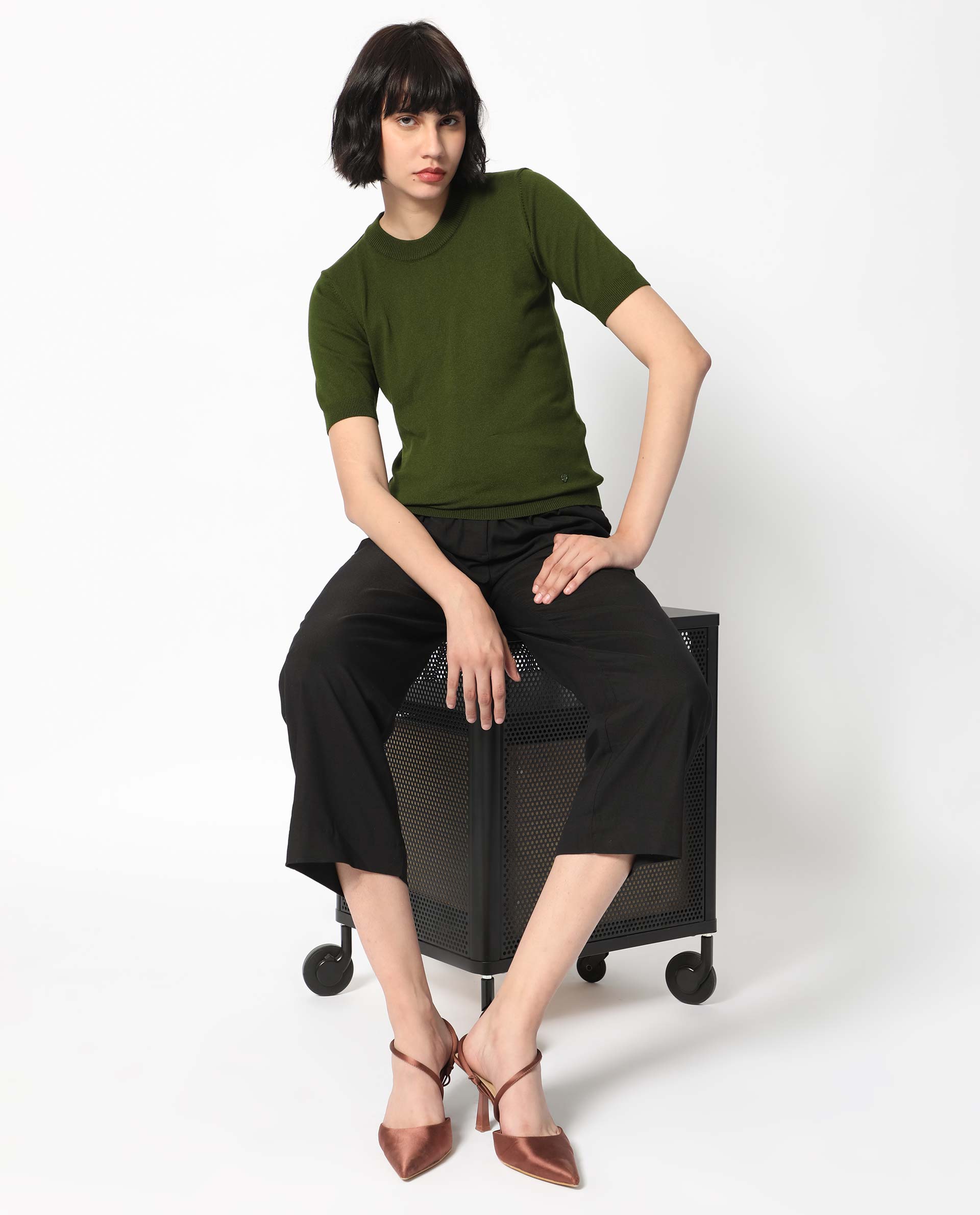 Rareism Women Rohrdo Olive Viscose Fabric Half Sleeves Regular Fit Solid Round Neck Sweater