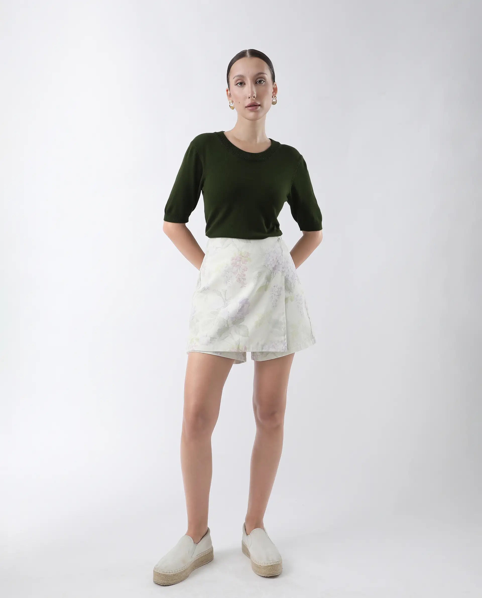 Rareism Women's Rohrdo Green Cotton Blend Crew Neck Plain Regular Fit Sweater