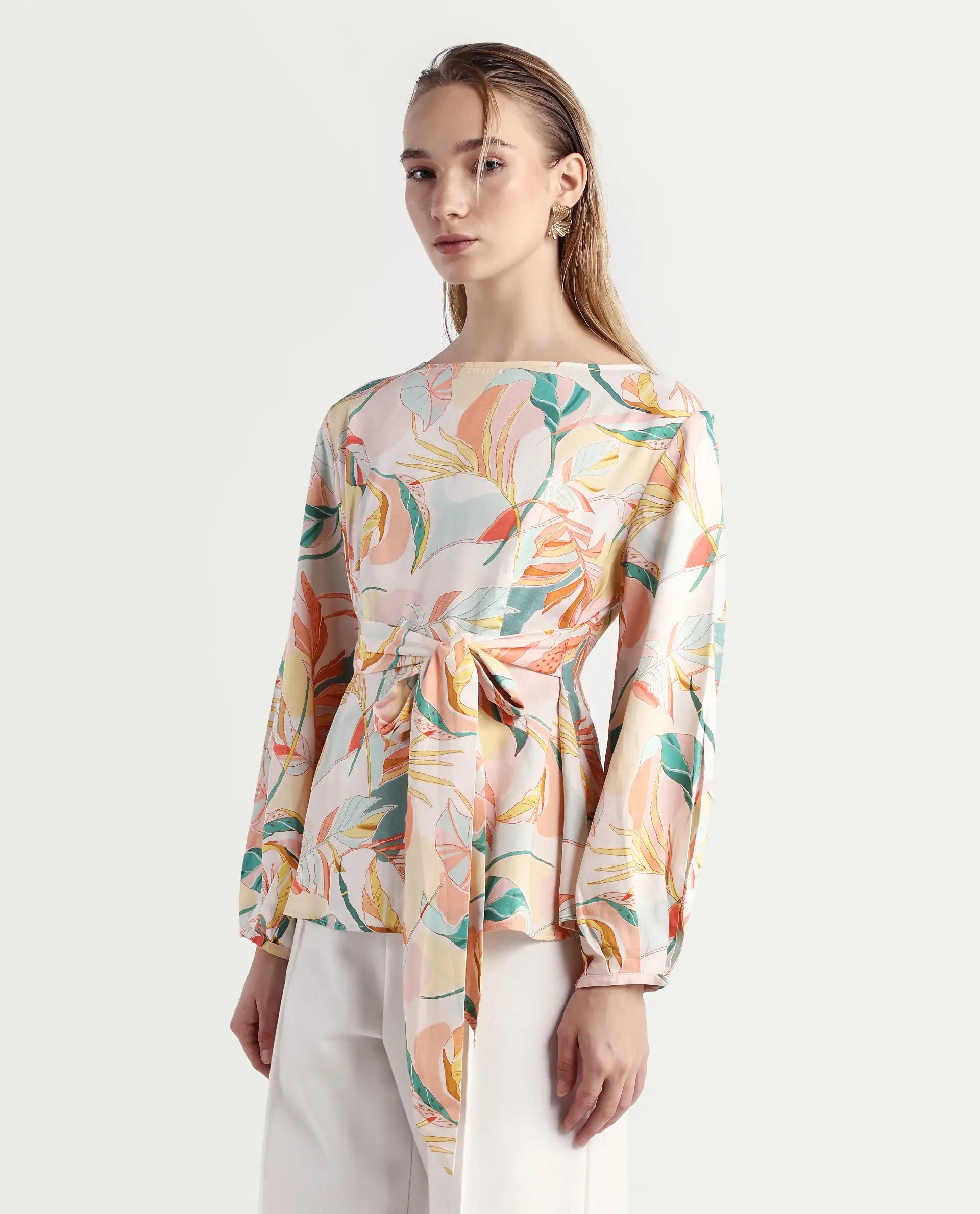 Rareism Women's Rolina Multi Cotton Boat Neck Abstract Print Regular Fit Top