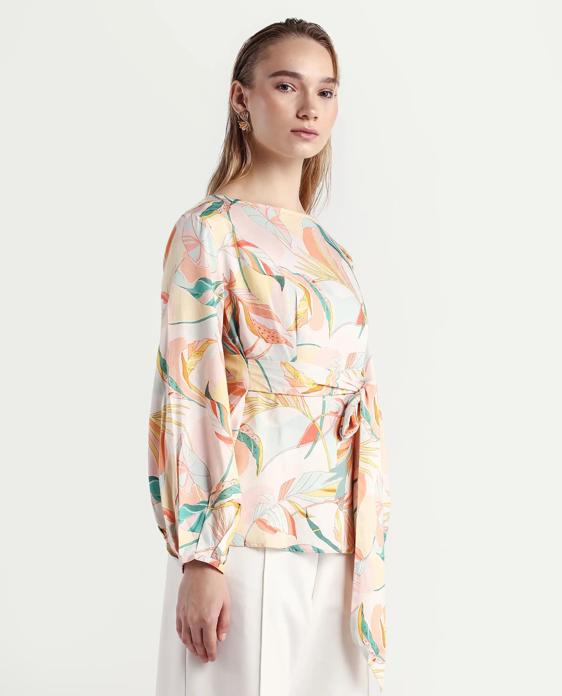 Rareism Women's Rolina Multi Cotton Boat Neck Abstract Print Regular Fit Top