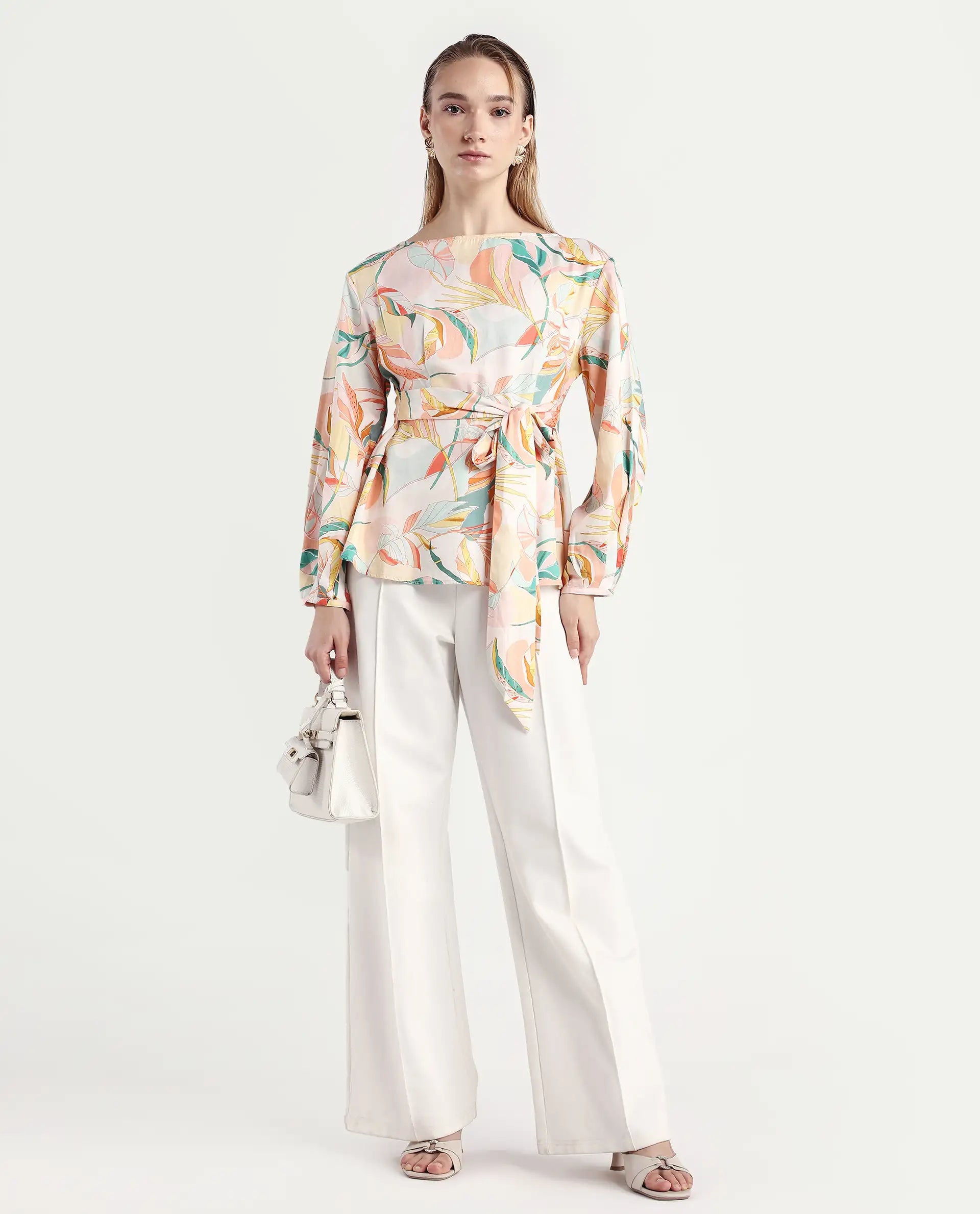 Rareism Women's Rolina Multi Cotton Boat Neck Abstract Print Regular Fit Top