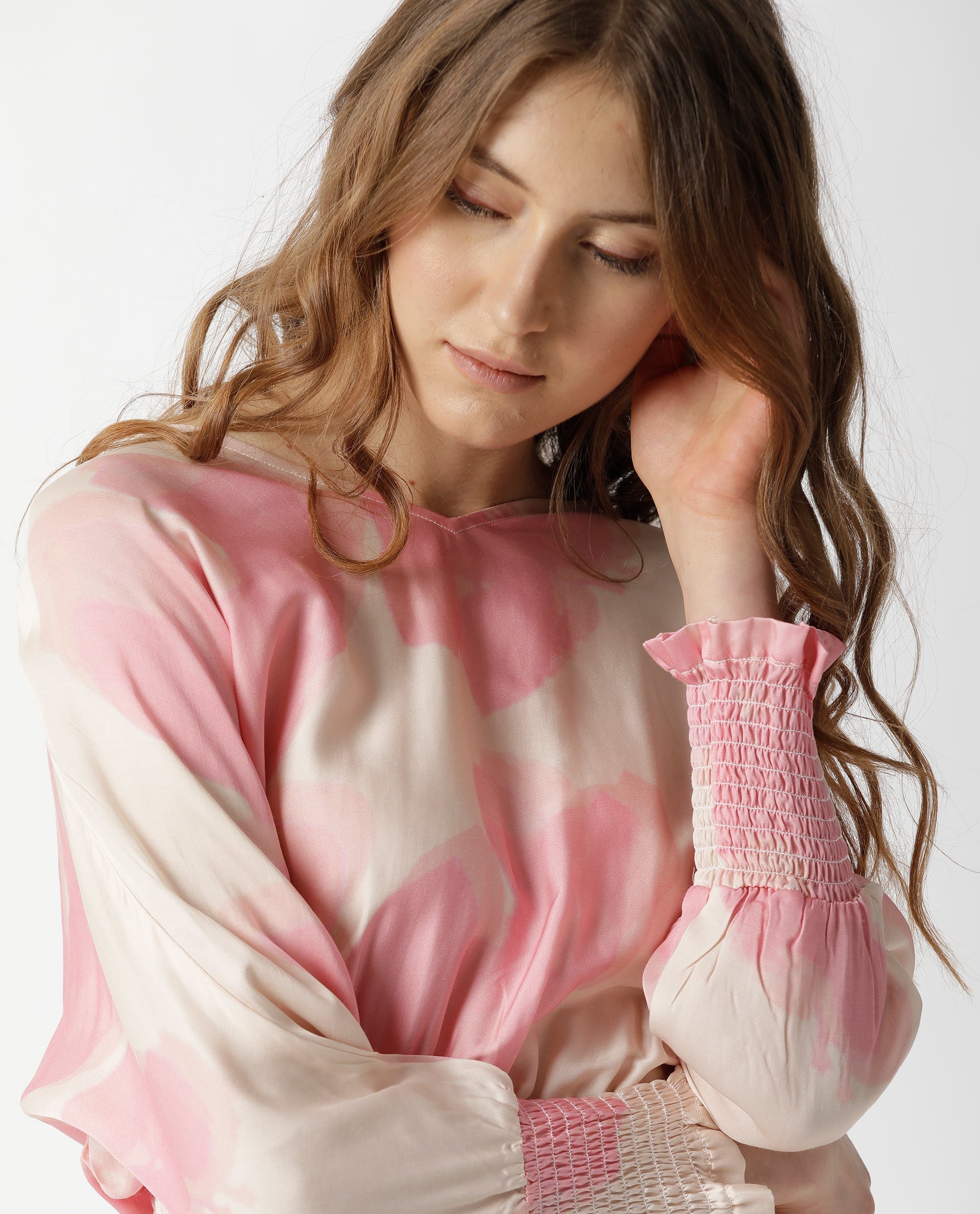 Rareism Womens Rollon Beige Top Modal Satin Fabric Regular Fit Batwing Sleeve V Neck