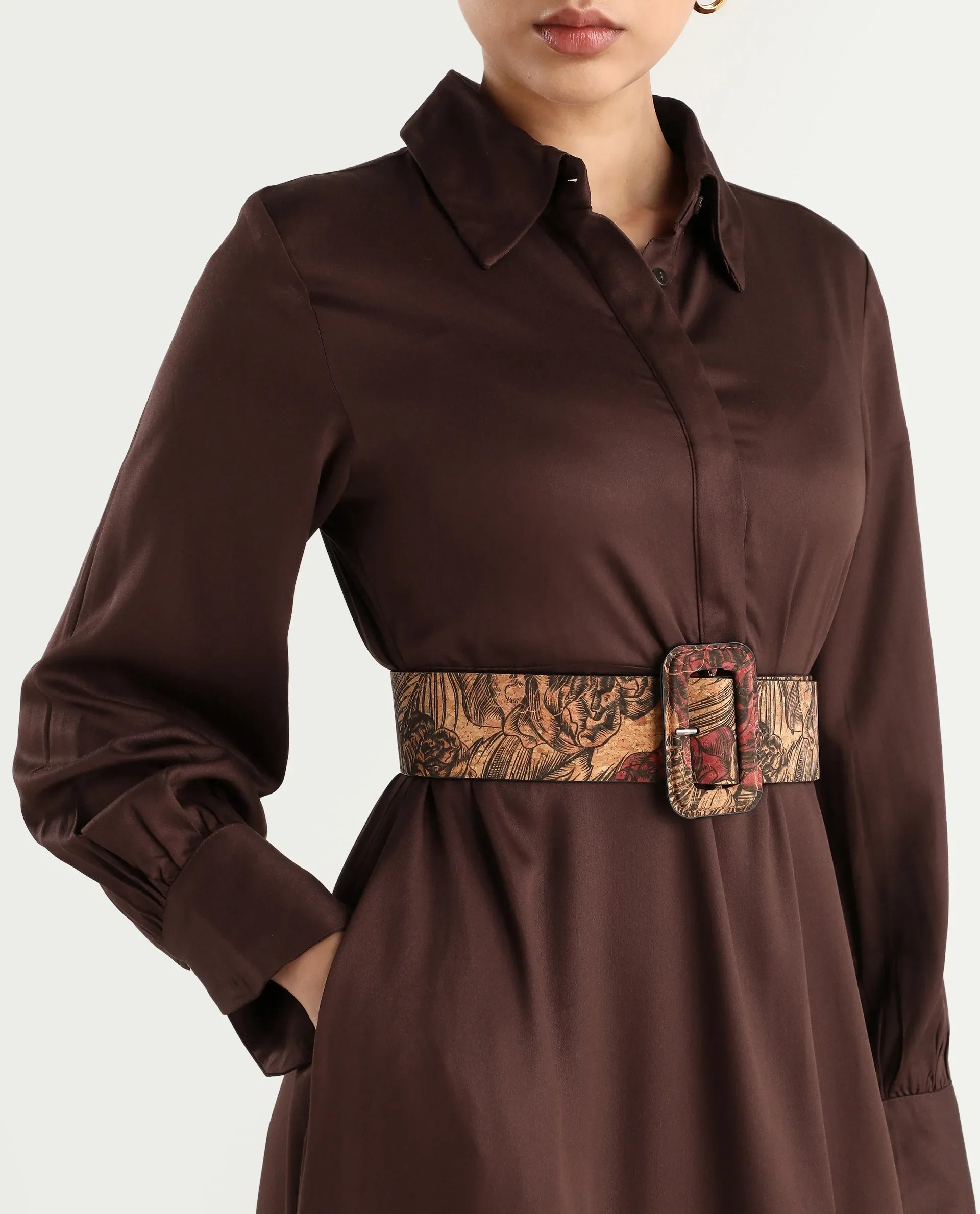 Rareism Women's Ronae Brown Viscose Spread Collar Plain Cuffed Sleeve Maxi Flared Dress