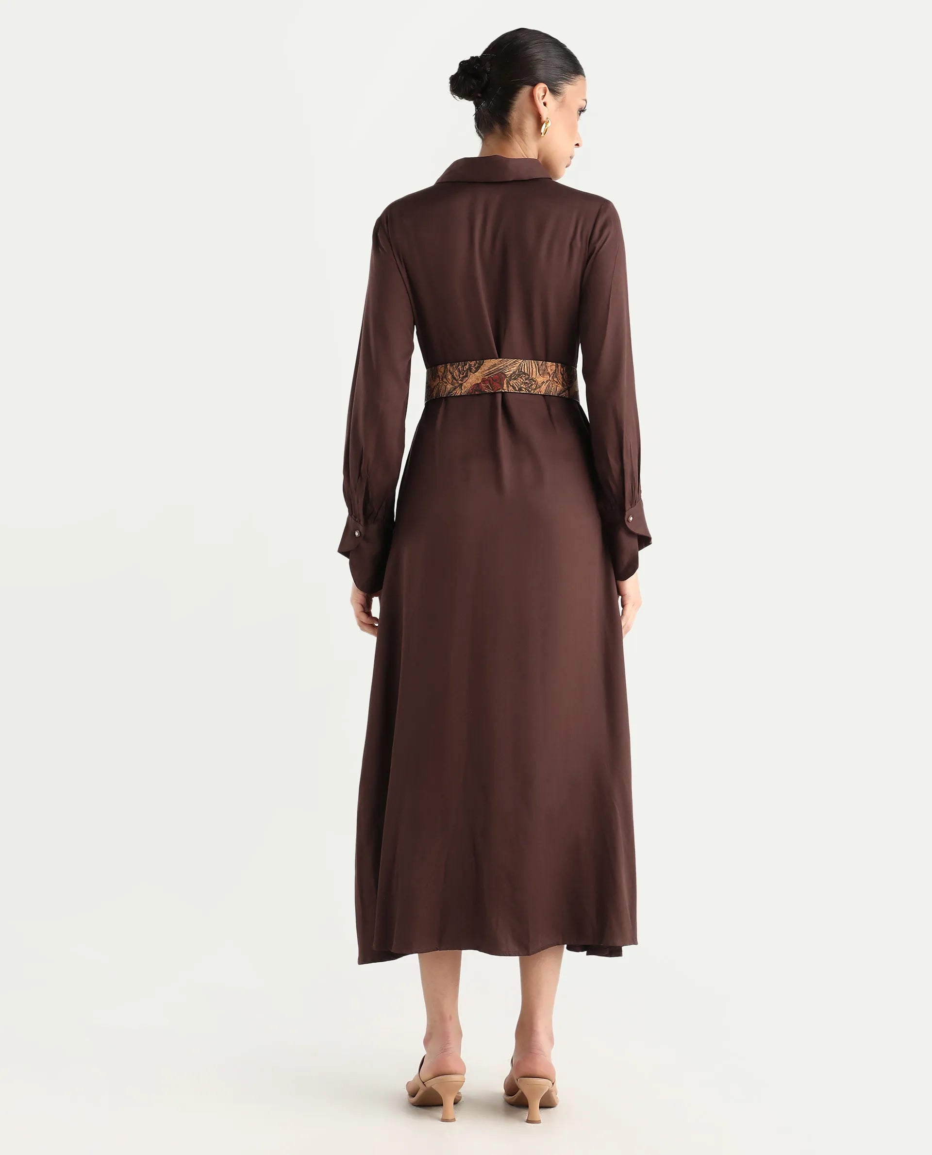 Rareism Women's Ronae Brown Viscose Spread Collar Plain Cuffed Sleeve Maxi Flared Dress