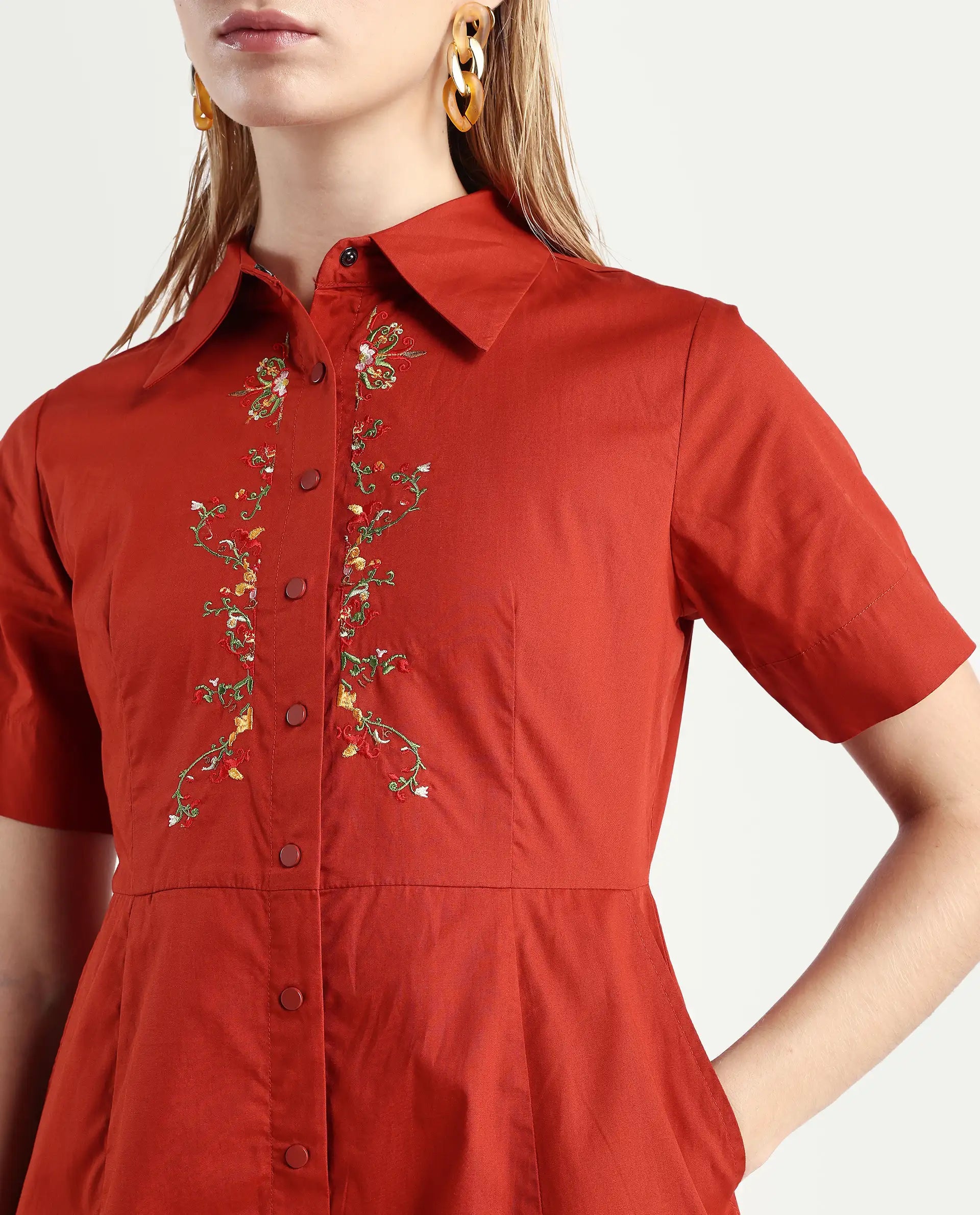 Rareism Women's Ronaj Rust Polyester Blend Spread Collar Plain Knee Length Fit And Flare Dress