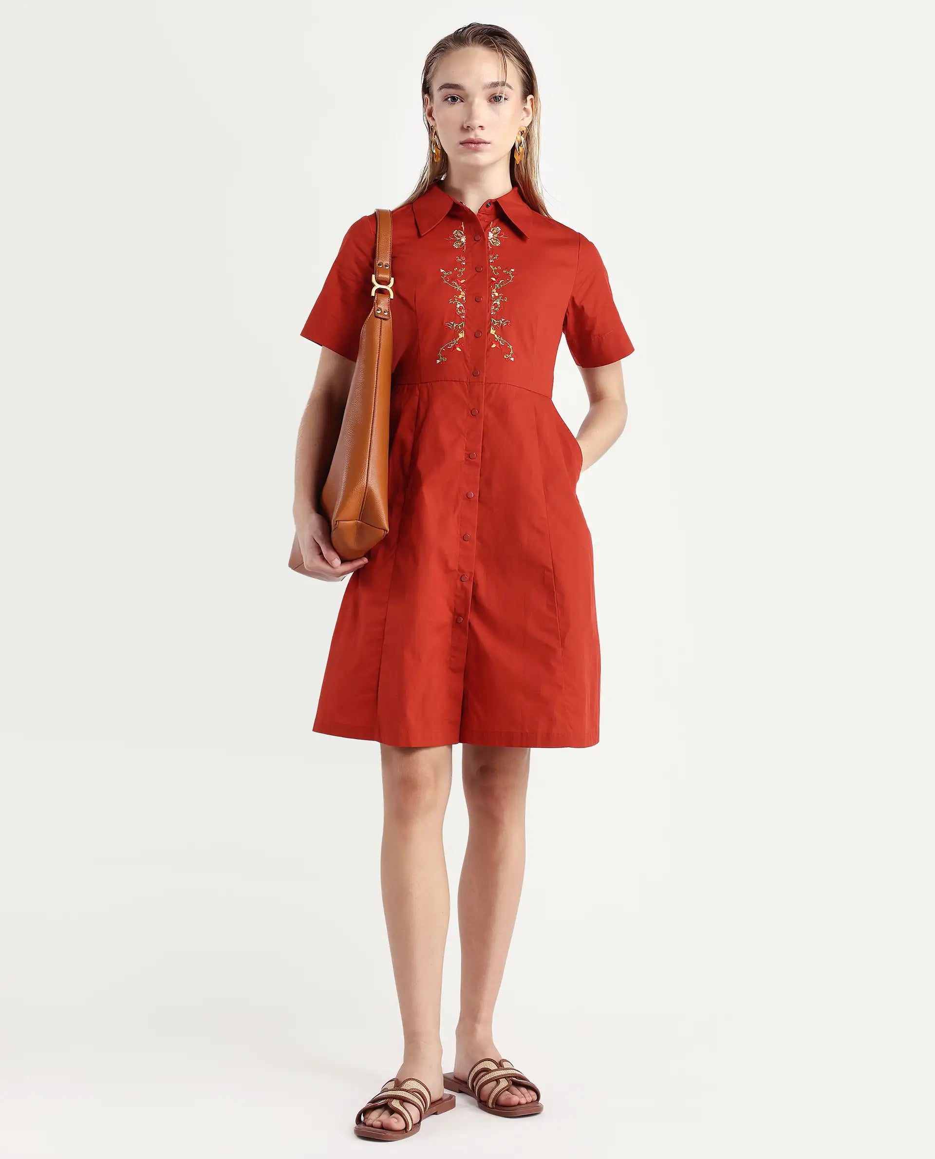 Rareism Women's Ronaj Rust Cotton Spread Collar Plain Knee Length Fit And Flare Dress