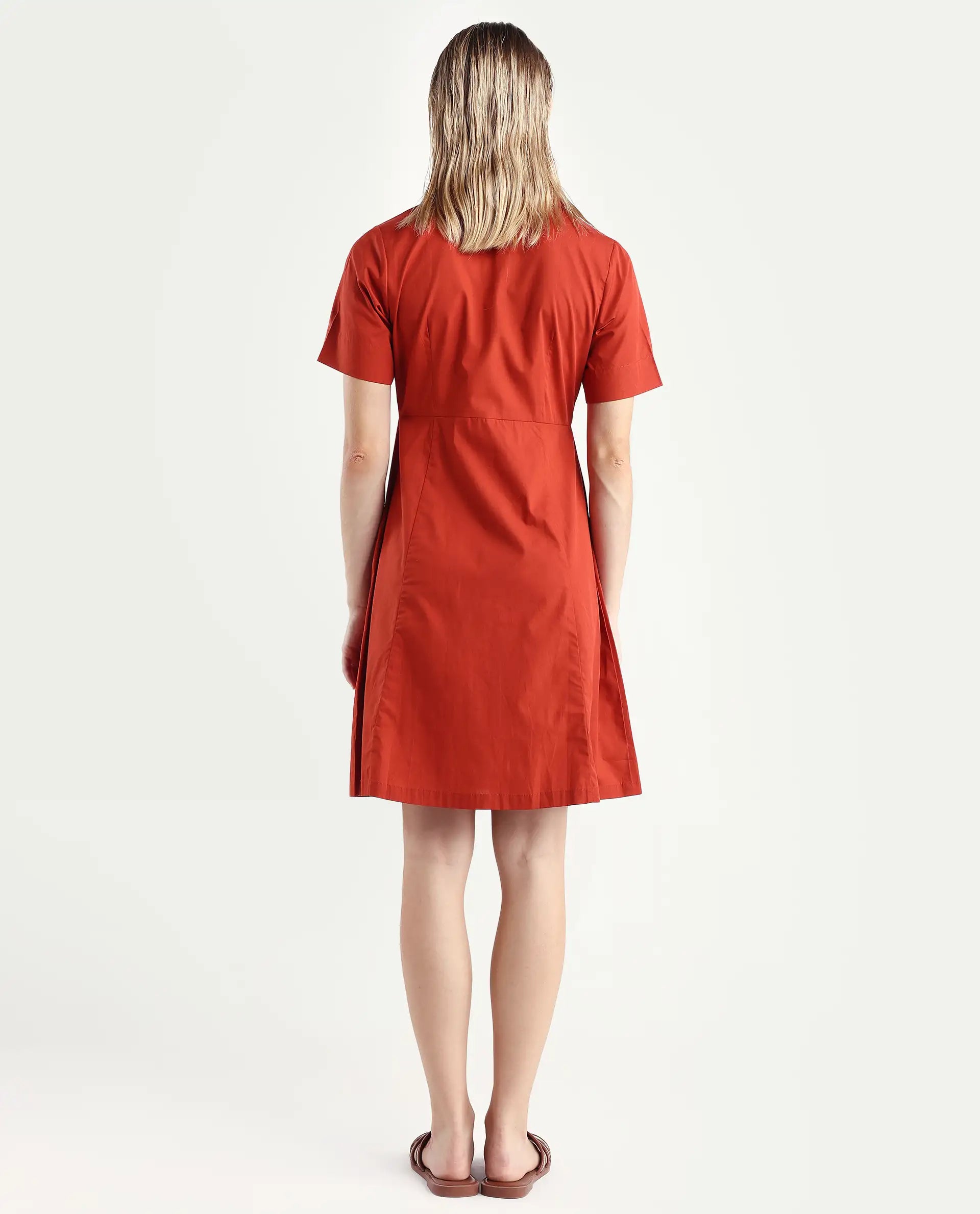 Rareism Women's Ronaj Rust Polyester Blend Spread Collar Plain Knee Length Fit And Flare Dress