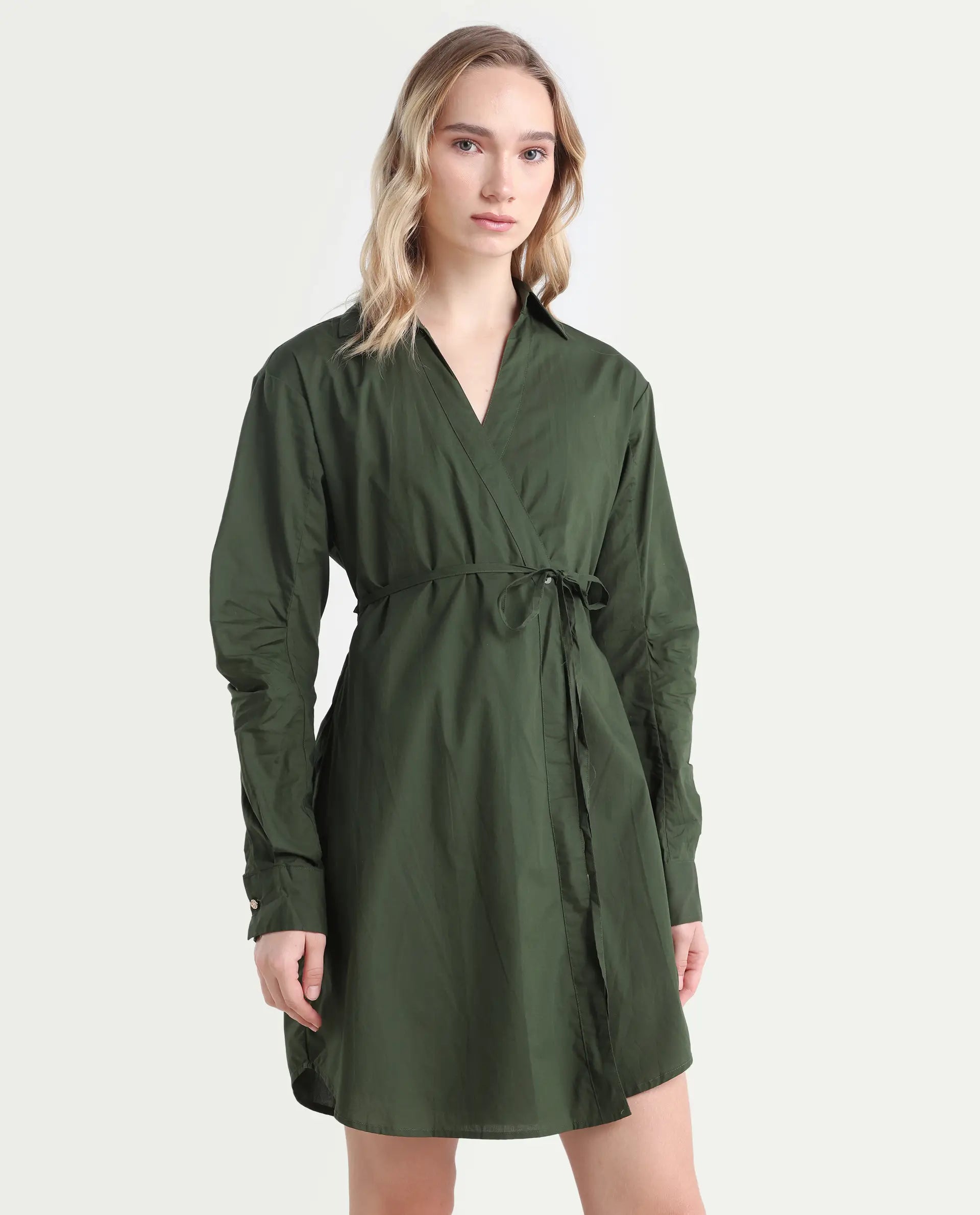 Rareism Women's Ronal Dark Olive Cotton Spread Collar Plain Cuffed Sleeve Knee Length A-Line Dress