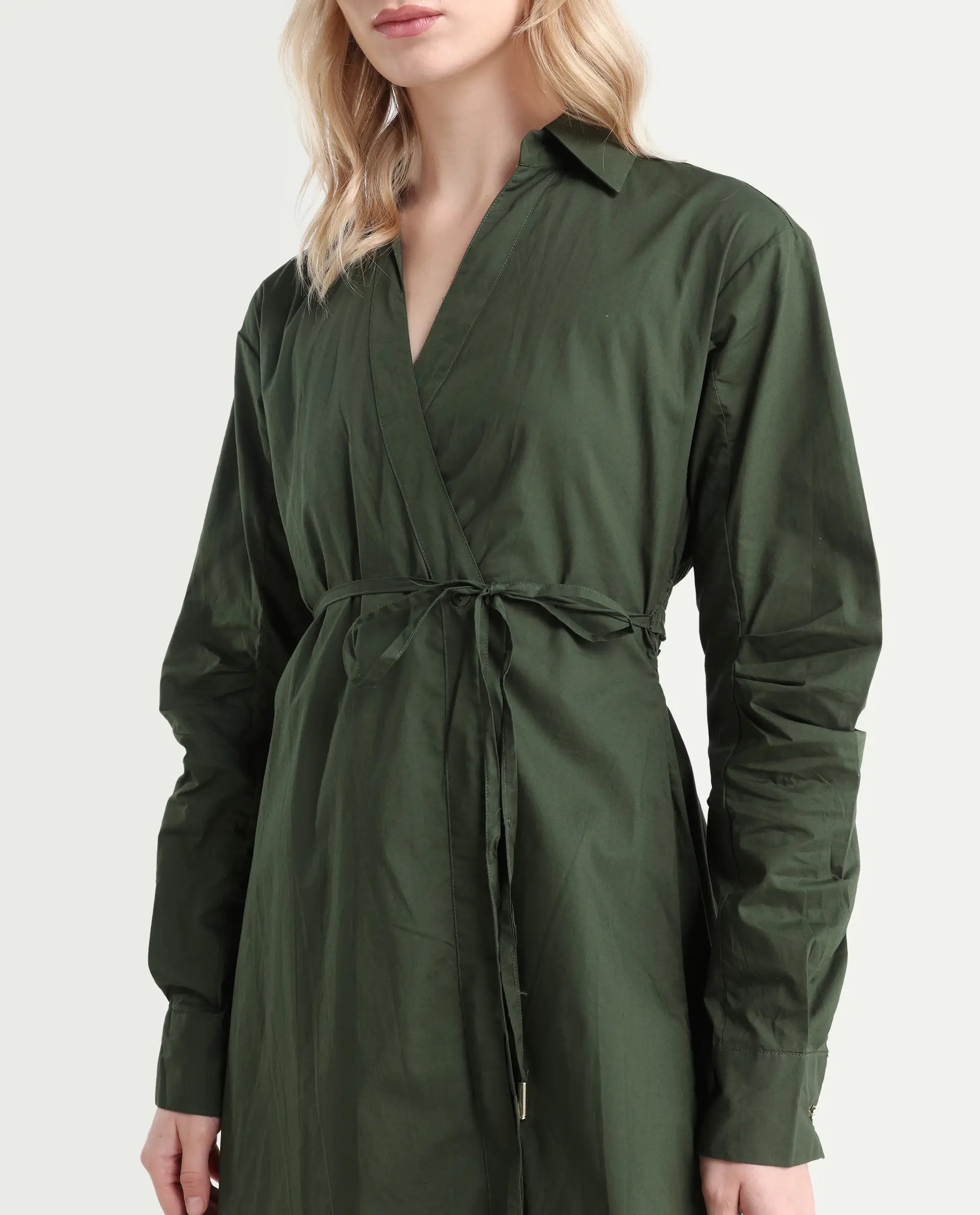 Rareism Women's Ronal Dark Olive Cotton Spread Collar Plain Cuffed Sleeve Knee Length A-Line Dress