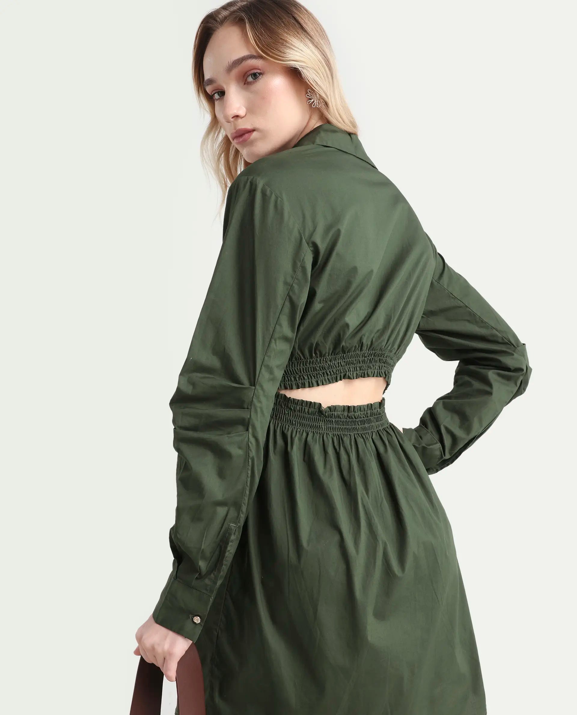 Rareism Women's Ronal Dark Olive Cotton Spread Collar Plain Cuffed Sleeve Knee Length A-Line Dress