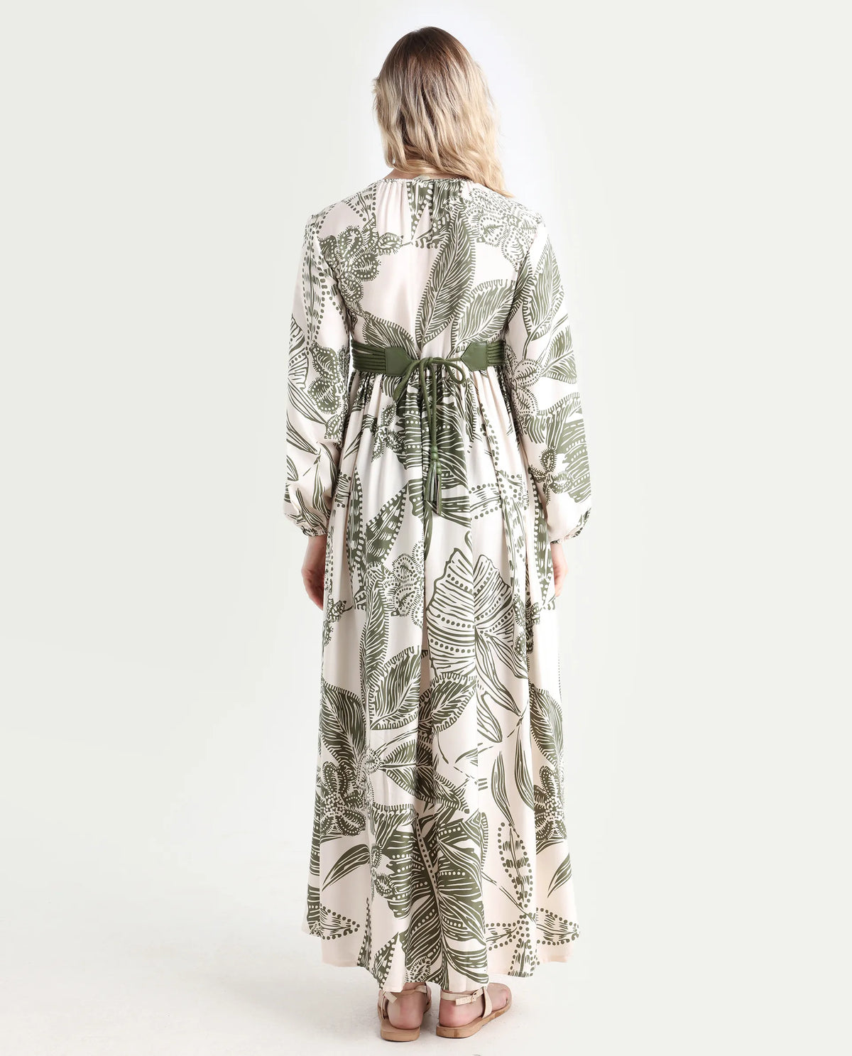 Rareism Women's Ronap Beige Modal V-Neck Floral Print Bishop Sleeve Maxi Fit And Flare Dress