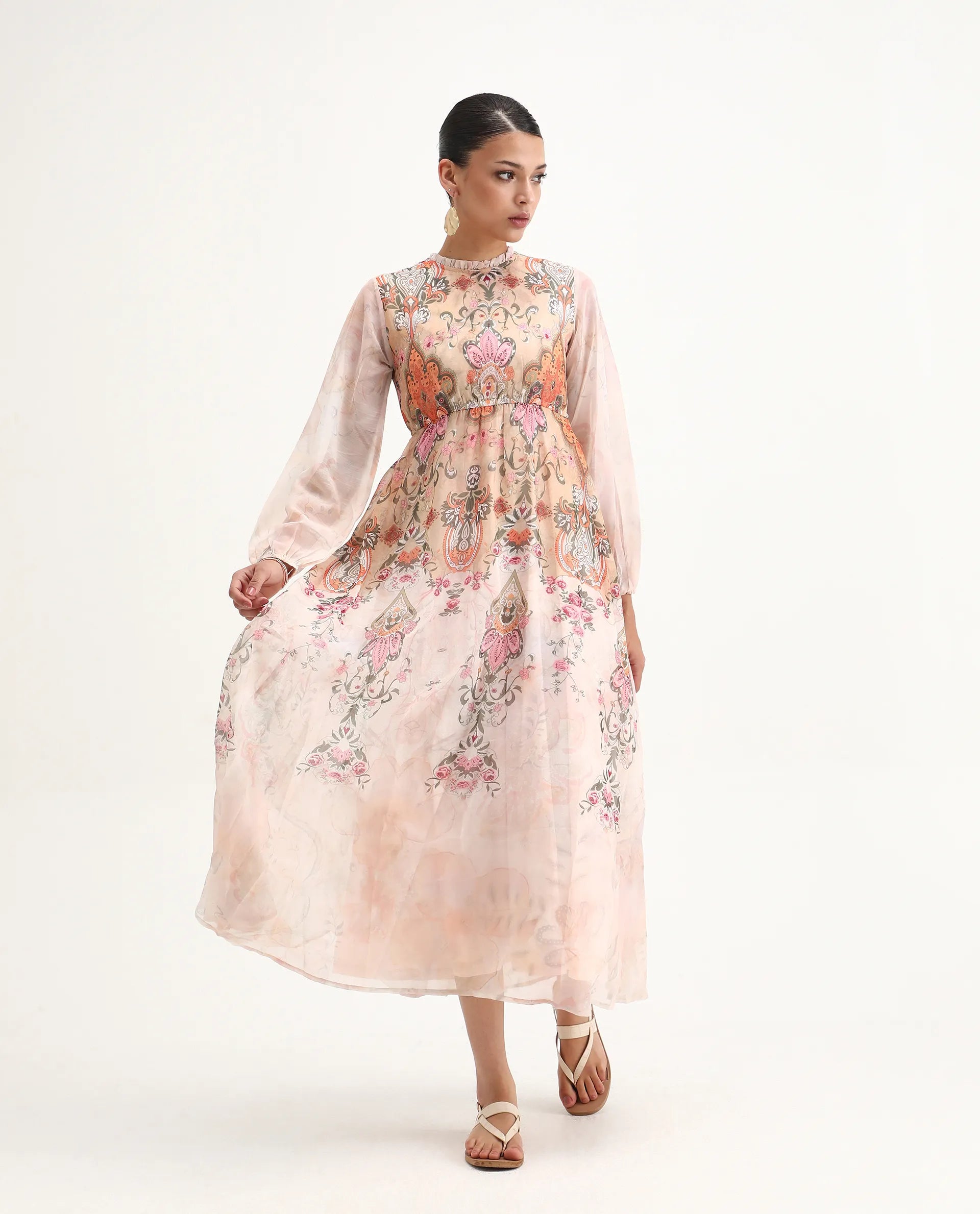 Rareism Women's Ronav Beige Polyester Ruffled Neck Floral Print Bishop Sleeve Maxi Fit And Flare Dress