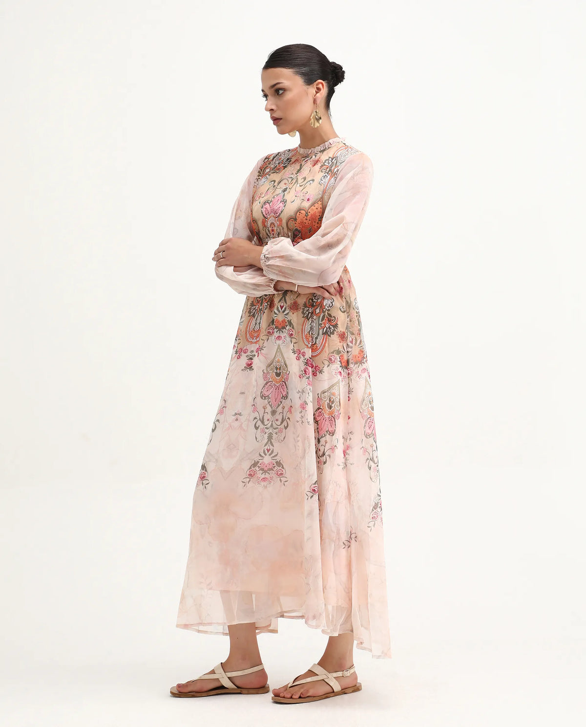 Rareism Women's Ronav Beige Polyester Ruffled Neck Floral Print Bishop Sleeve Maxi Fit And Flare Dress