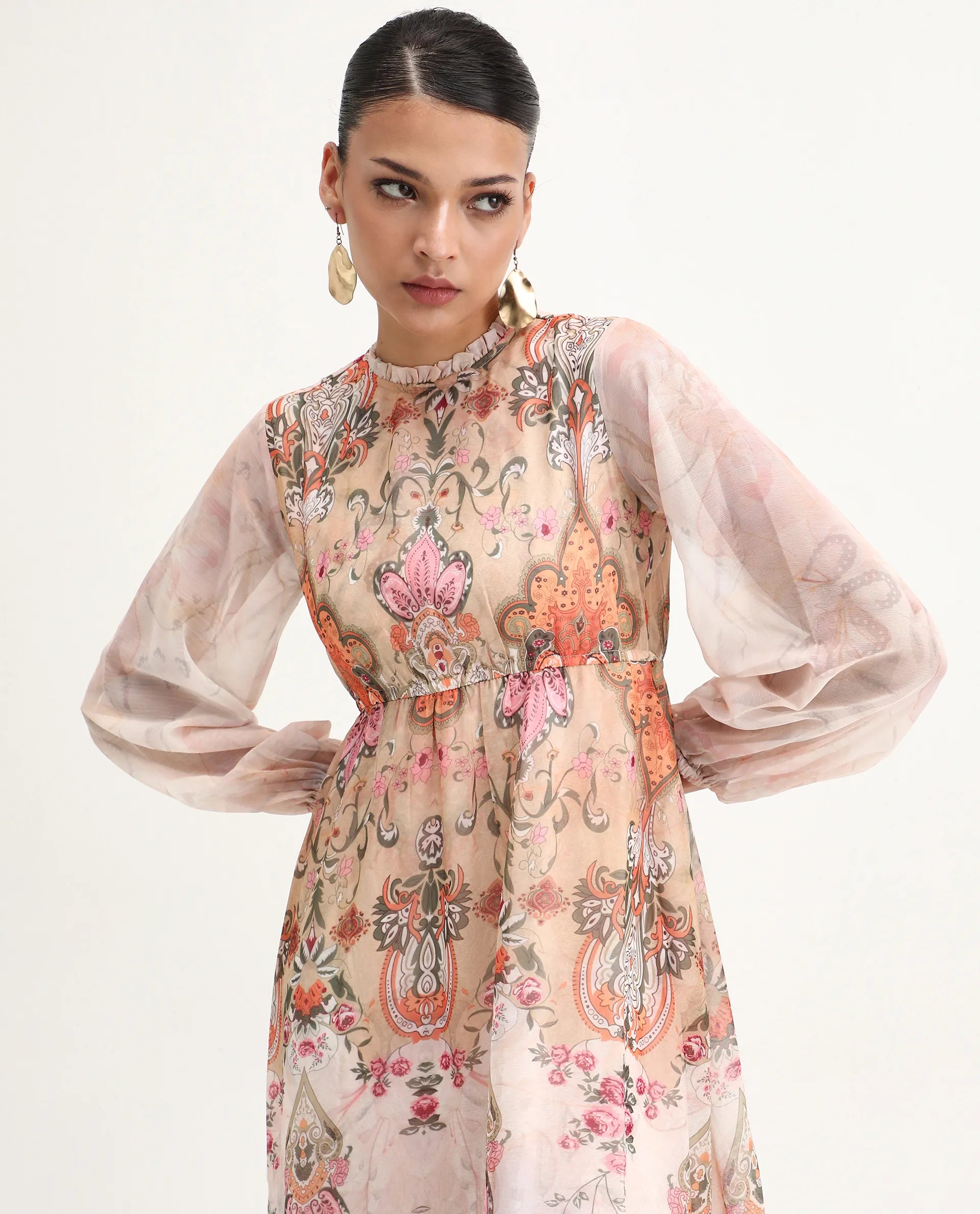 Rareism Women's Ronav Beige Polyester Ruffled Neck Floral Print Bishop Sleeve Maxi Fit And Flare Dress