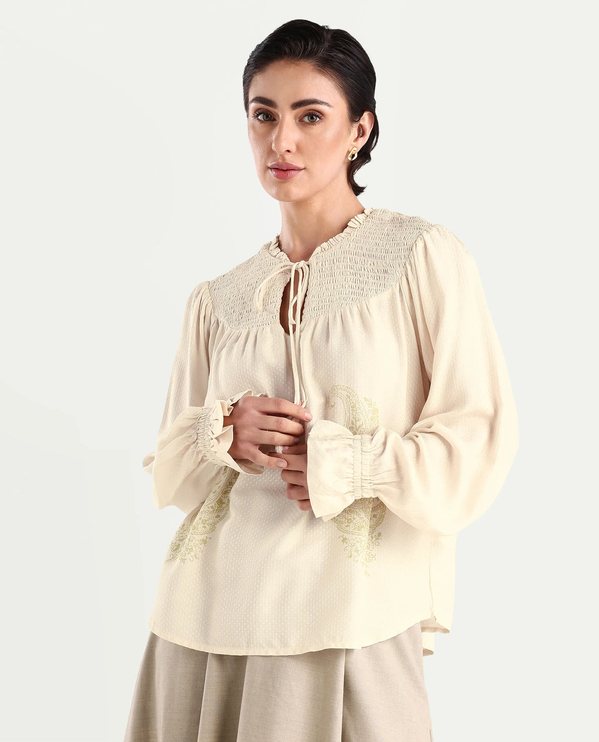 Rareism Women's Ronavi-T Beige Viscose Ruffled Neck Paisley Print Raglan Sleeve Relaxed Fit Top