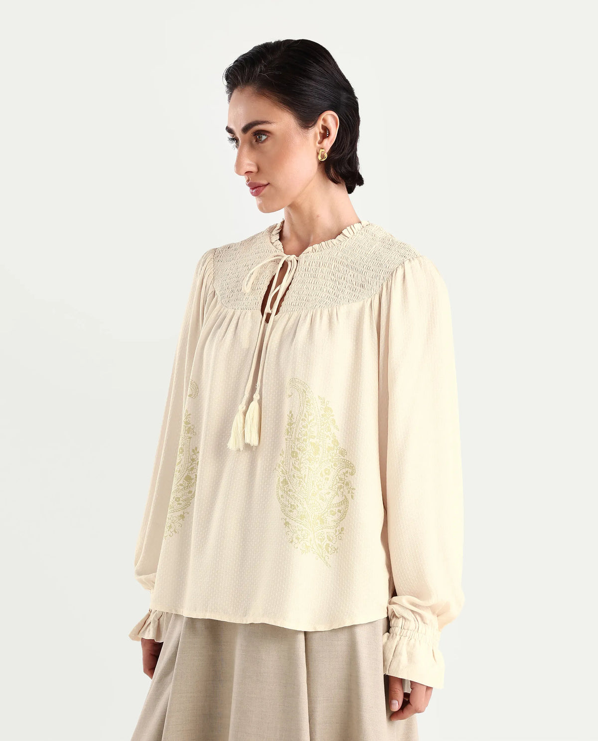 Rareism Women's Ronavi-T Beige Viscose Ruffled Neck Paisley Print Raglan Sleeve Relaxed Fit Top