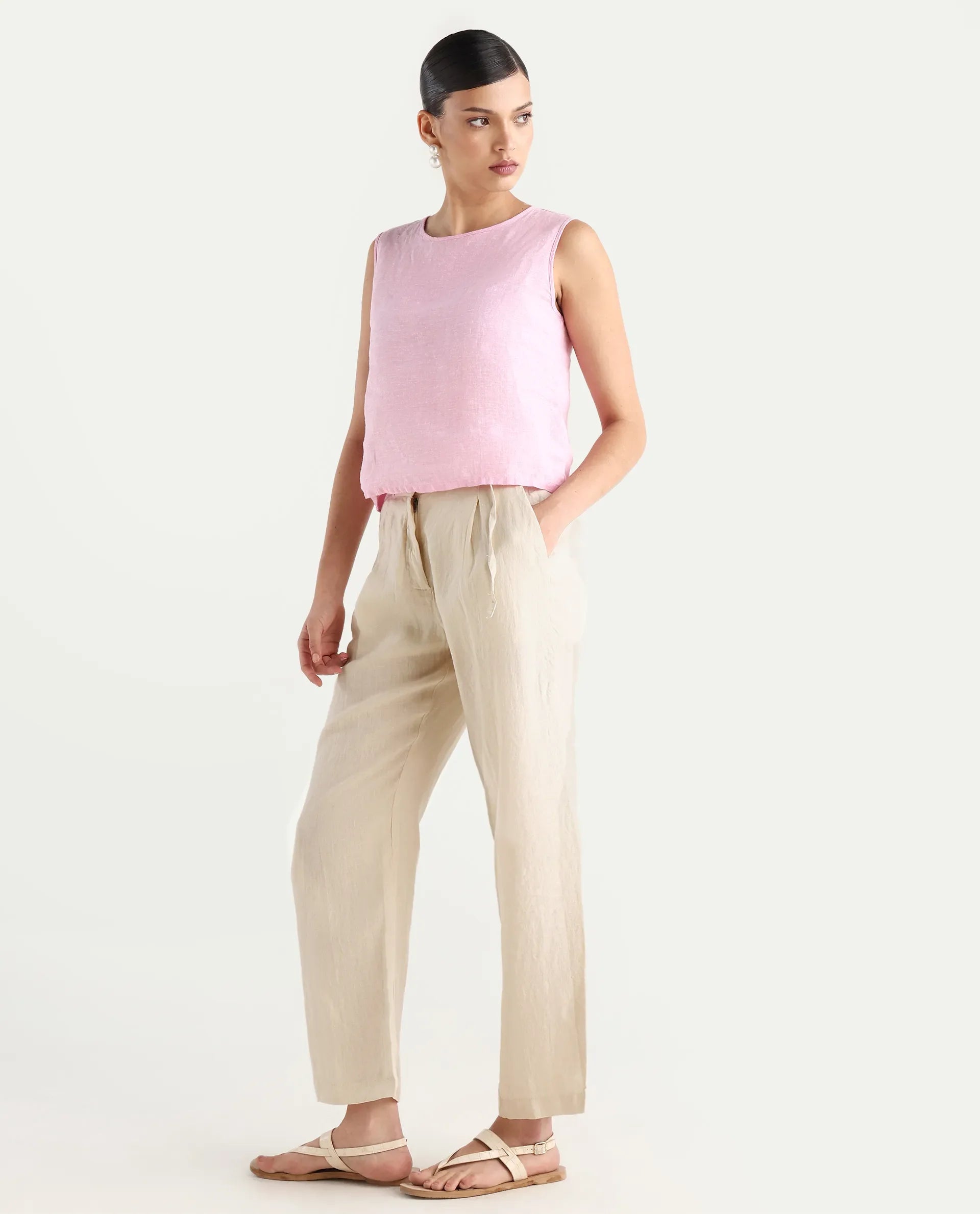 Rareism Women's Ronbla B Beige Linen Plain Ankle Length Straight Fit Trouser