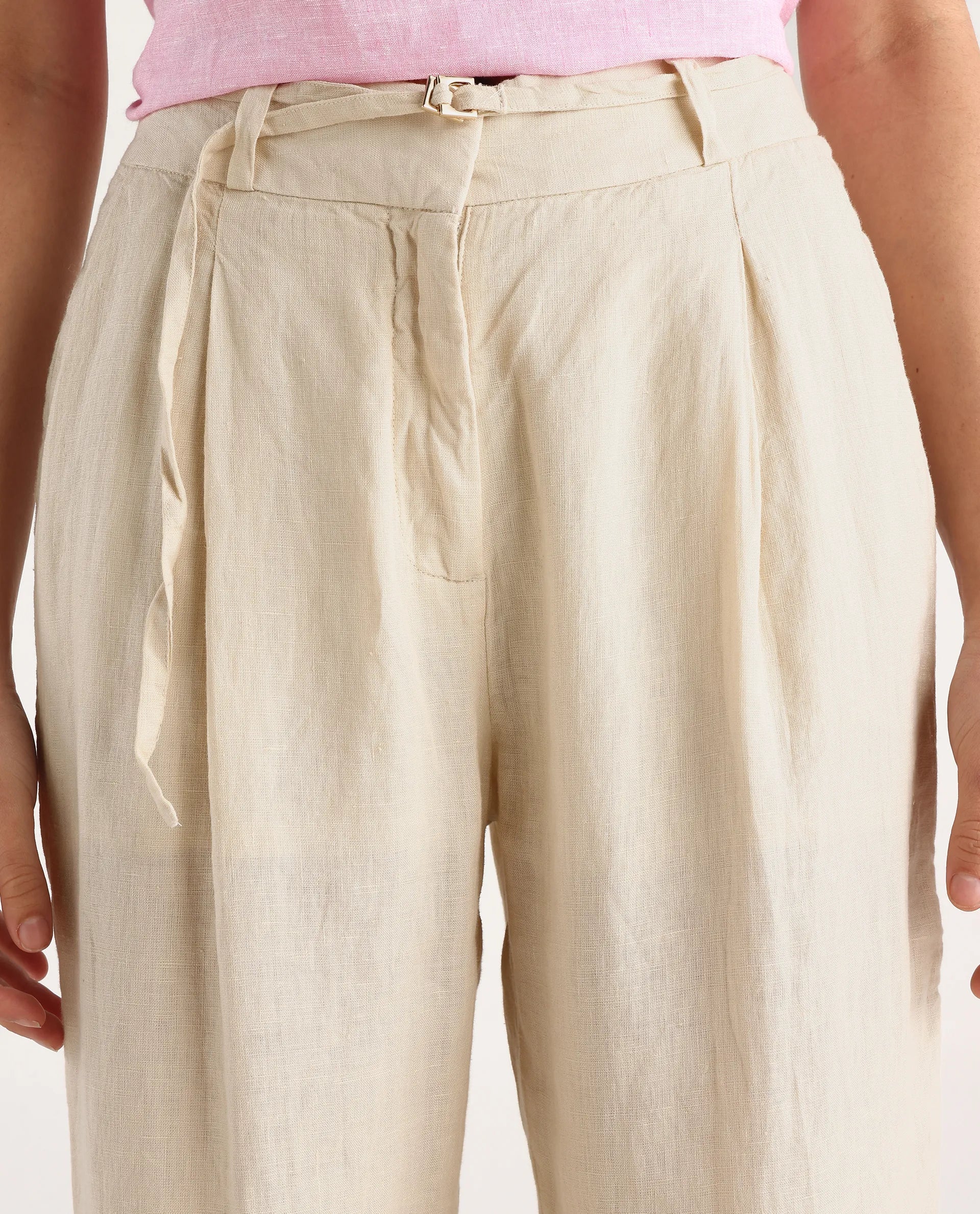 Rareism Women's Ronbla B Beige Linen Plain Ankle Length Straight Fit Trouser