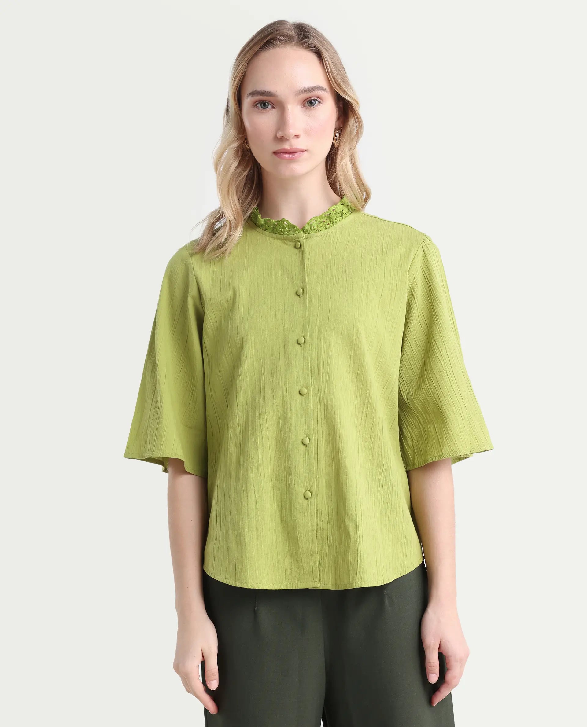 Rareism Women's Ronelpa Light Olive Cotton Round Neck Plain Bell Sleeve Regular Fit Top