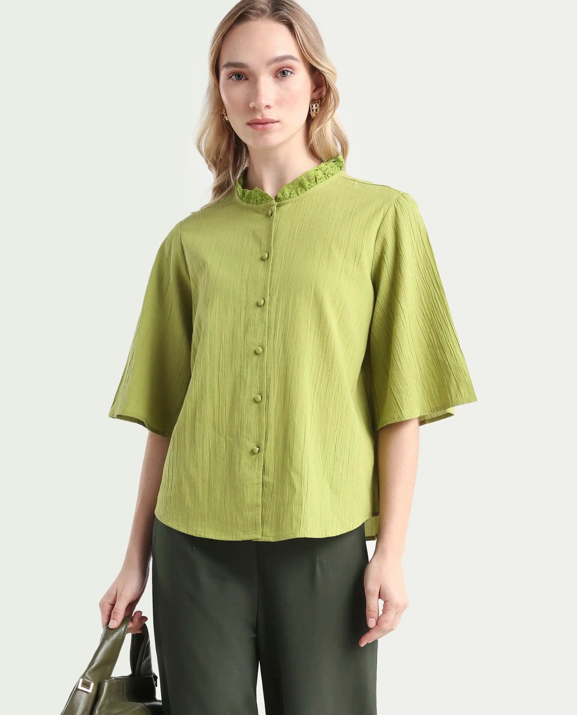 Rareism Women's Ronelpa Light Olive Cotton Round Neck Plain Bell Sleeve Regular Fit Top