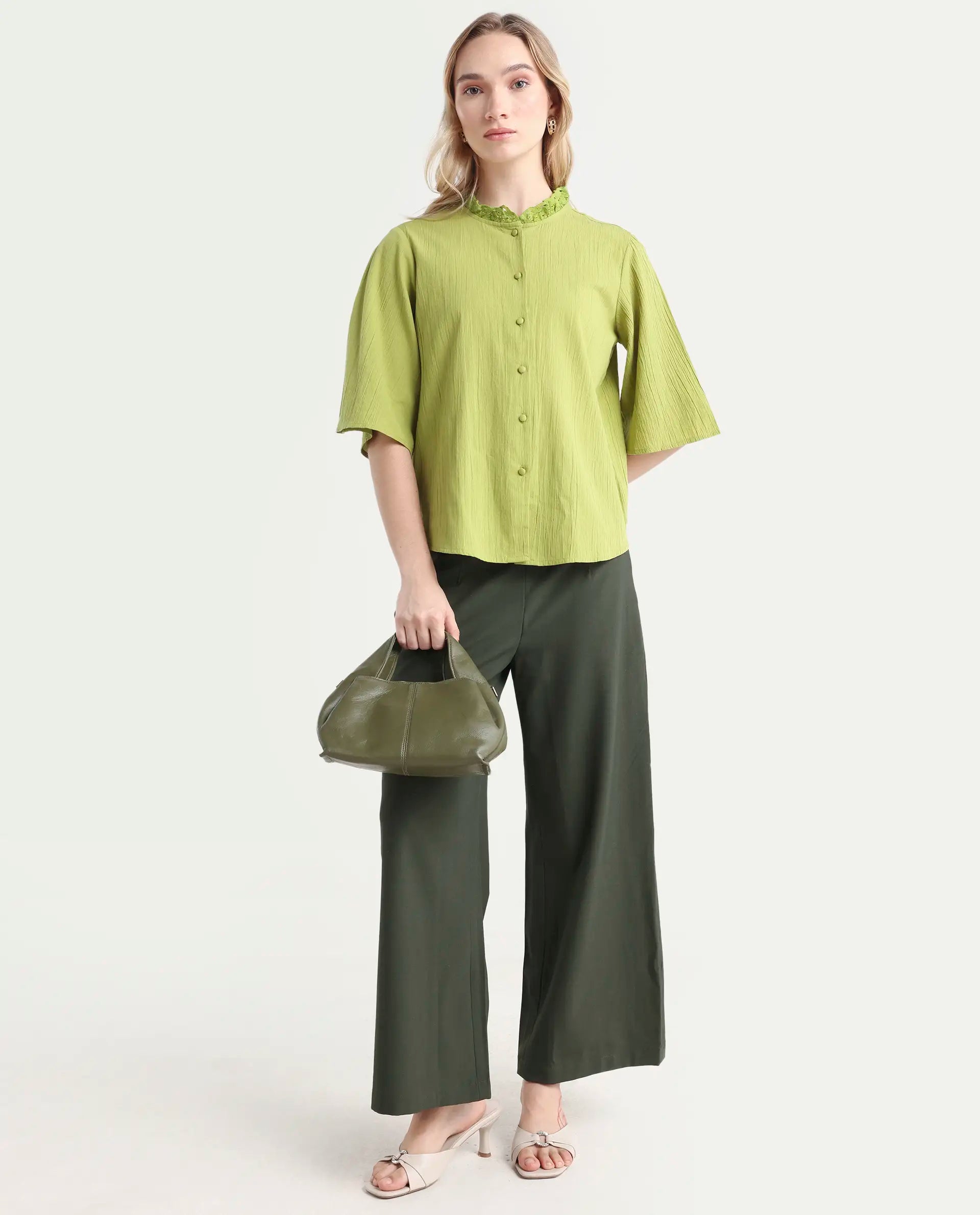 Rareism Women's Ronelpa Light Olive Cotton Round Neck Plain Bell Sleeve Regular Fit Top