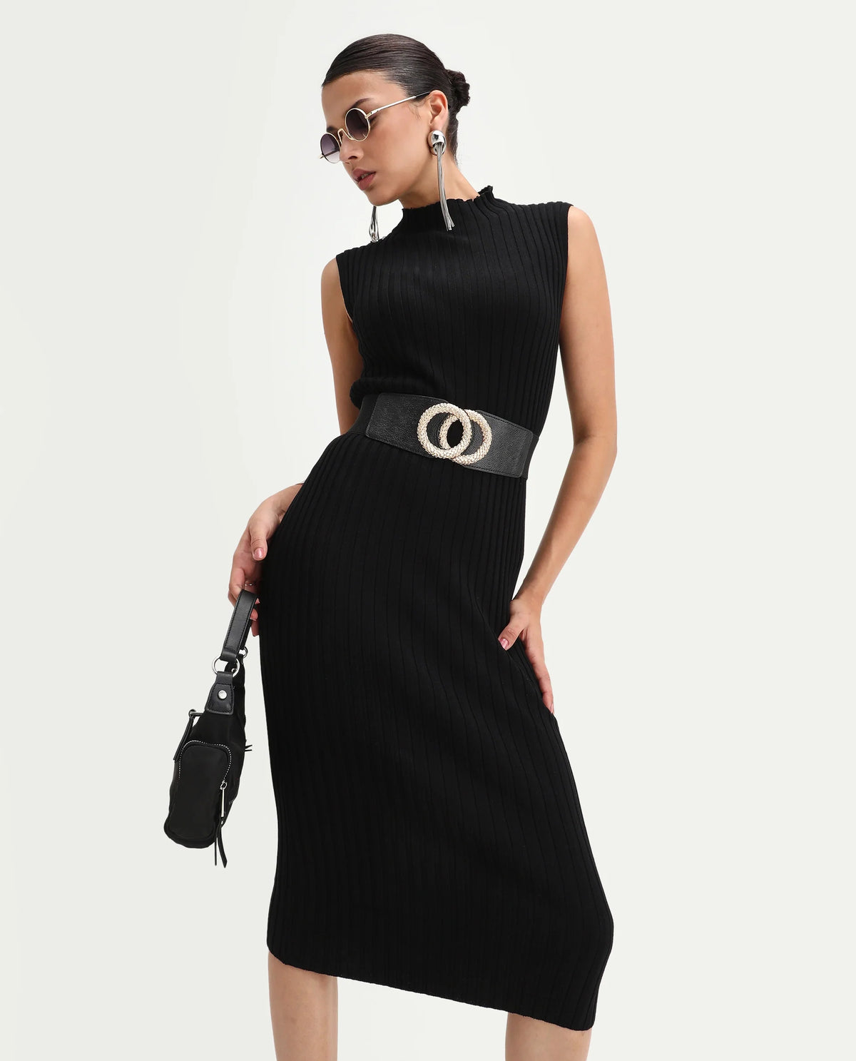 Rareism Women's Ronfa Black Viscose Blend High Neck Plain Sleeveless Midi Bodycon Dress