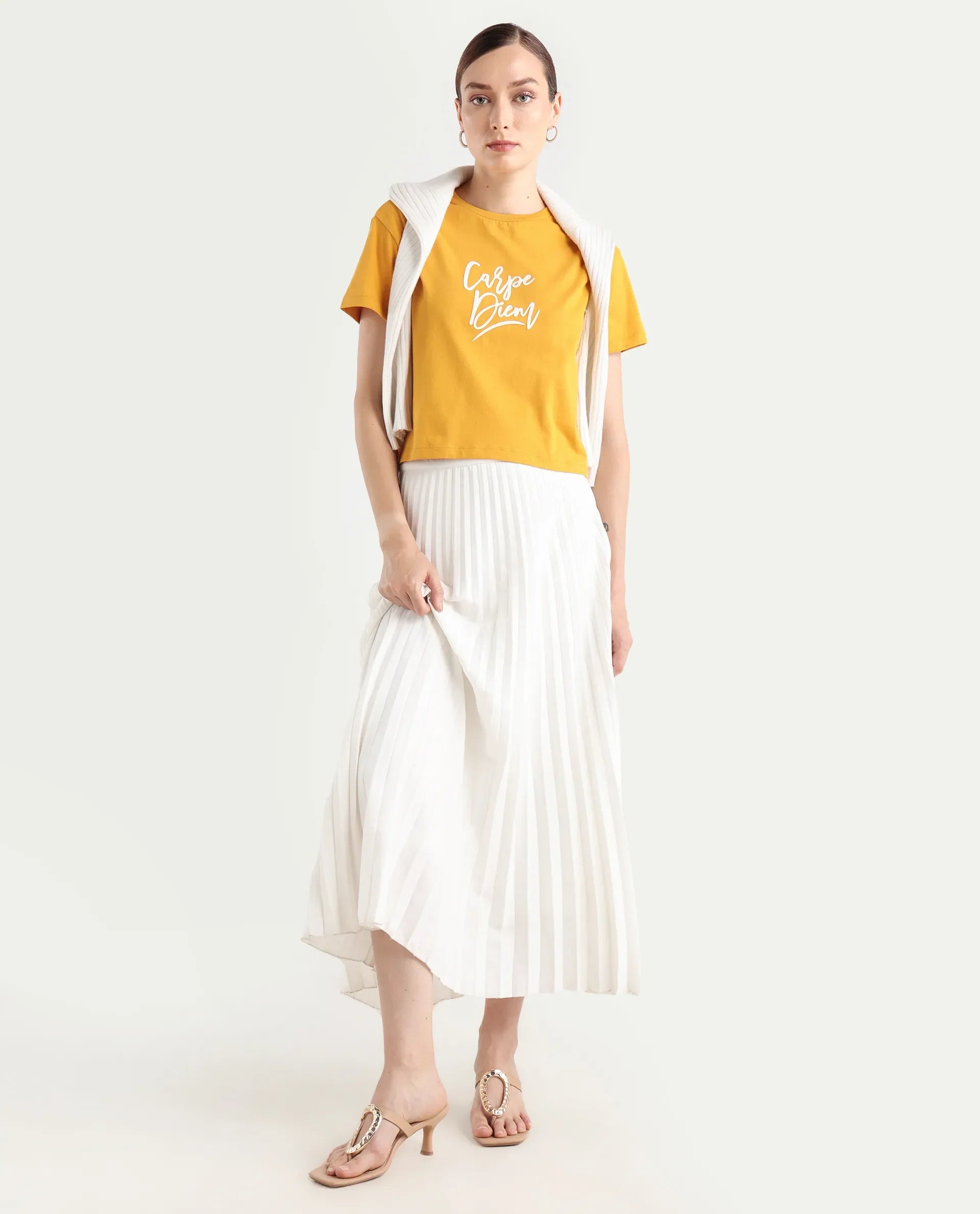 Rareism Women's Ronfel-R Mustard Cotton Regular Typography Print T-Shirt