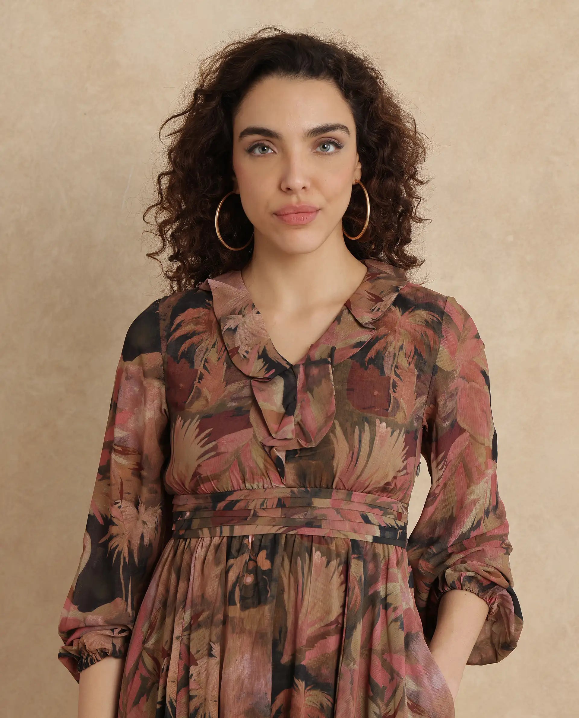 Rareism Women's Ronfriko Dark Green Polyester V-Neck Floral Print Bell Sleeve Midi Fit And Flare Dress