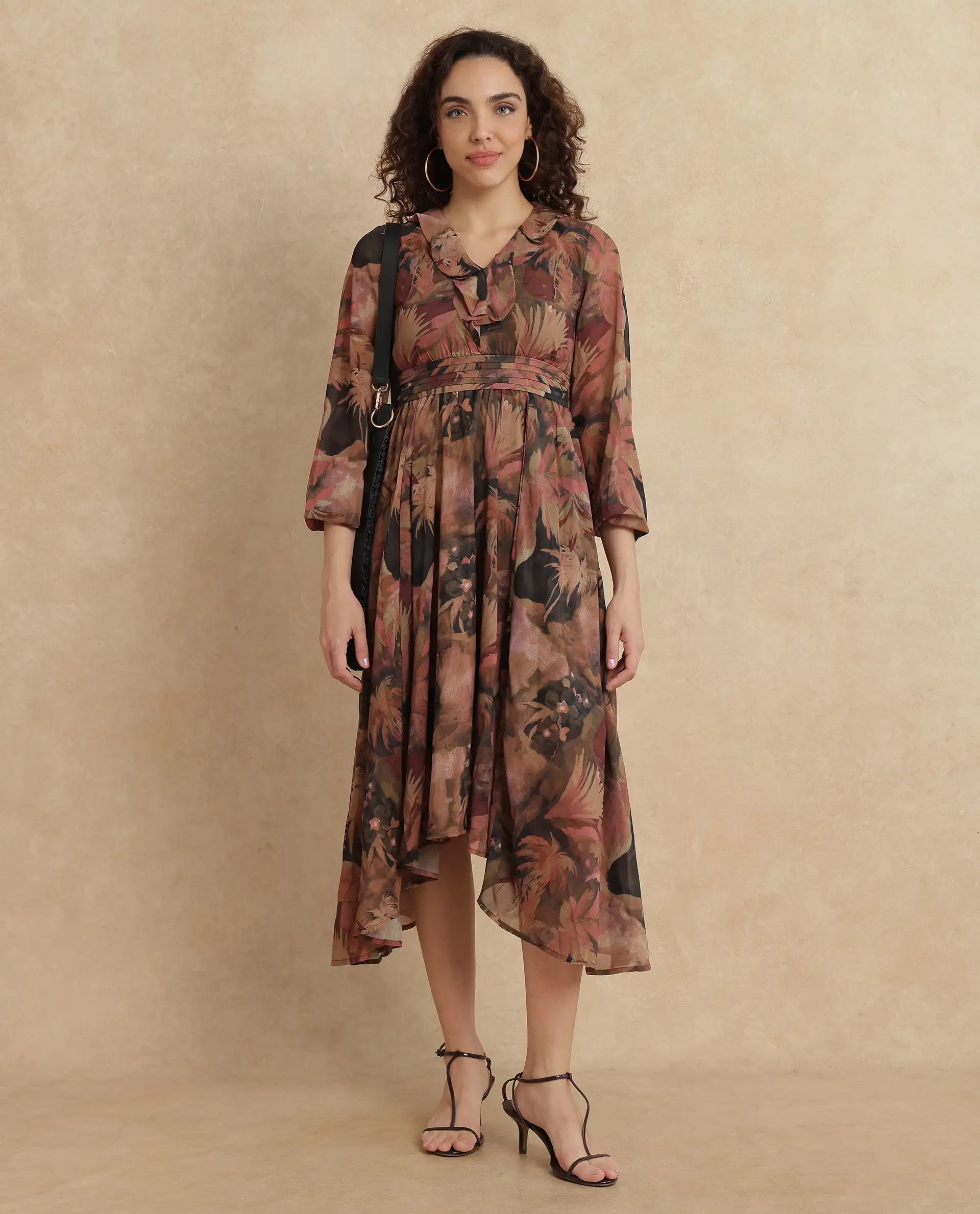 Rareism Women's Ronfriko Dark Green Polyester V-Neck Floral Print Bell Sleeve Midi Fit And Flare Dress