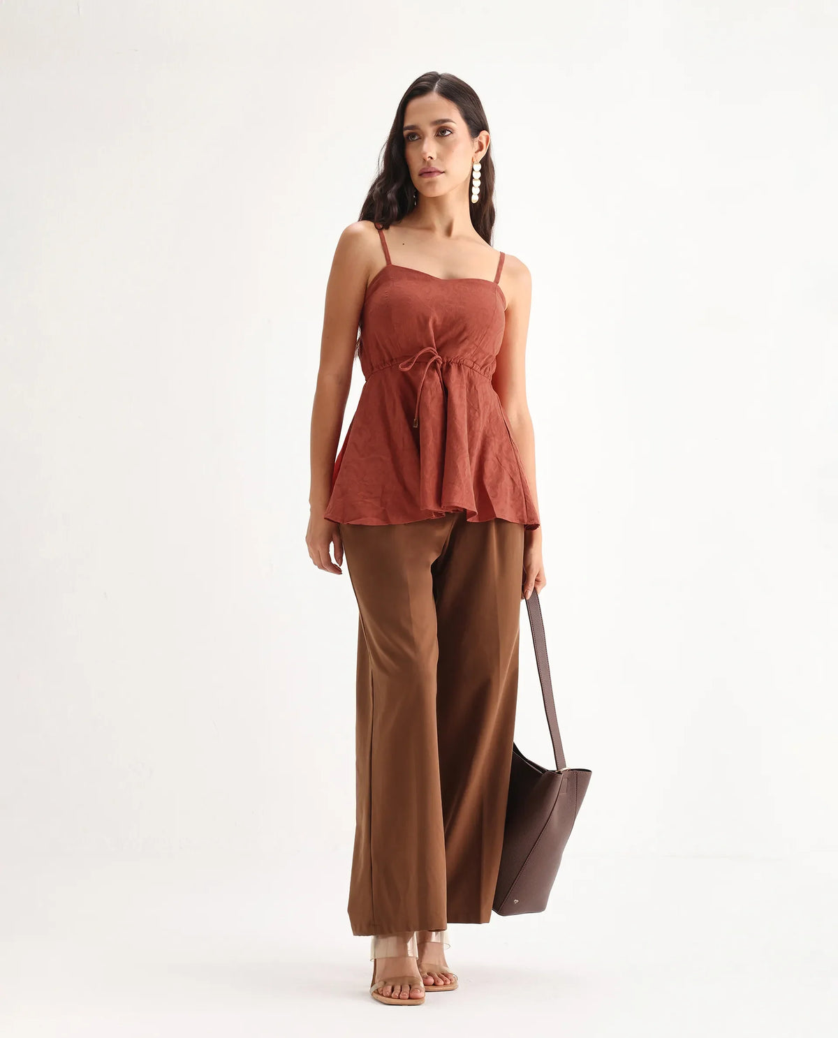 Rareism Women's Ronk Rust Cotton Sweetheart Neck Plain Sleeveless Crop Fit And Flare Top