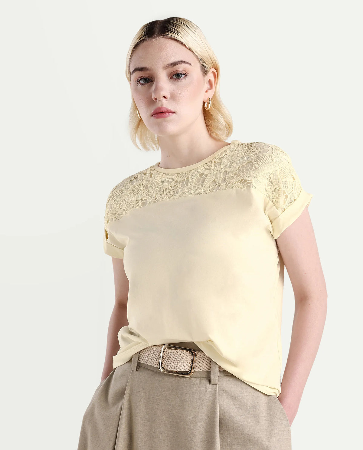 Rareism Women's Ronlac Off White Cotton Blend Round Neck Plain Extended Sleeves Regular Fit T-Shirt