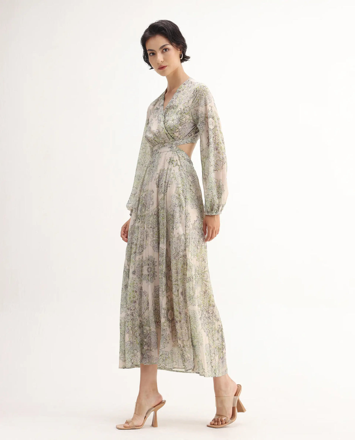 Rareism Women's Ronmus Light Green Polyester V-Neck Abstract Print Bishop Sleeve Maxi Fit And Flare Dress