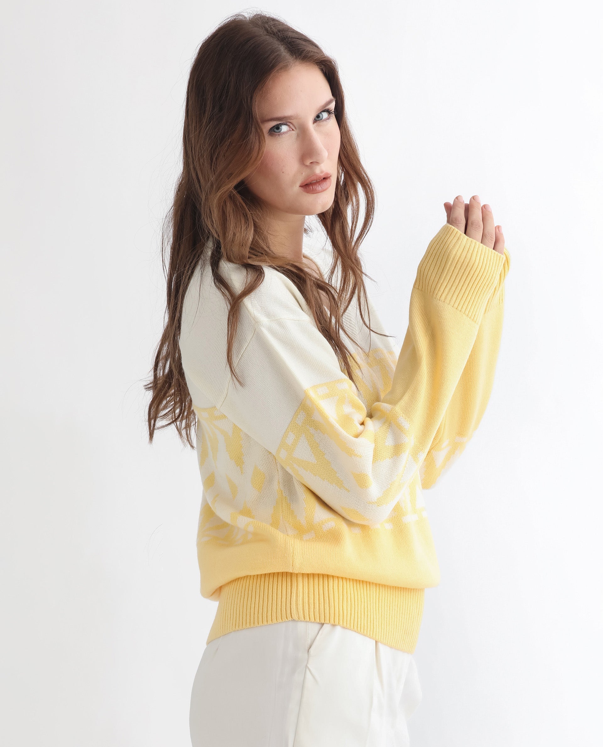 Rareism Women's Ronnie Yellow Acrylic V-Neck Color Block Relaxed Fit Sweater