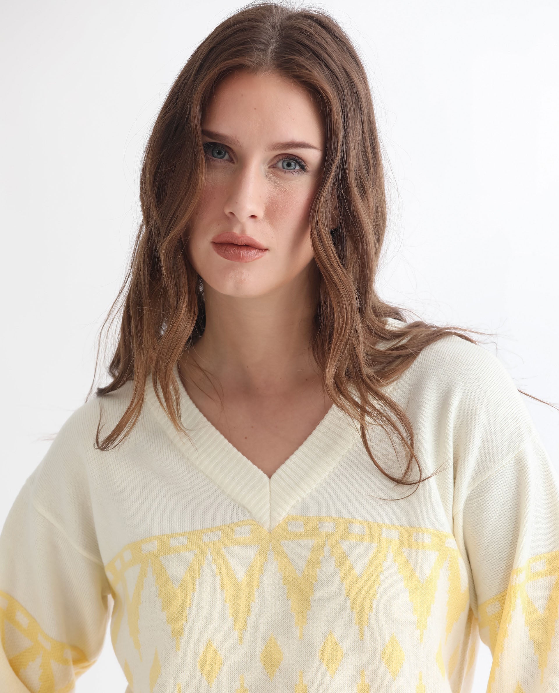 Rareism Women's Ronnie Yellow Acrylic V-Neck Color Block Relaxed Fit Sweater