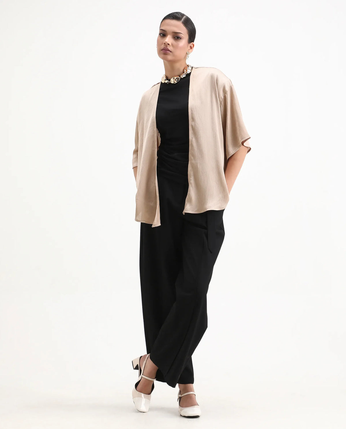 Rareism Women's Ronokya Beige Polyester Collarless Plain Kimono Sleeve Relaxed Fit Shrug