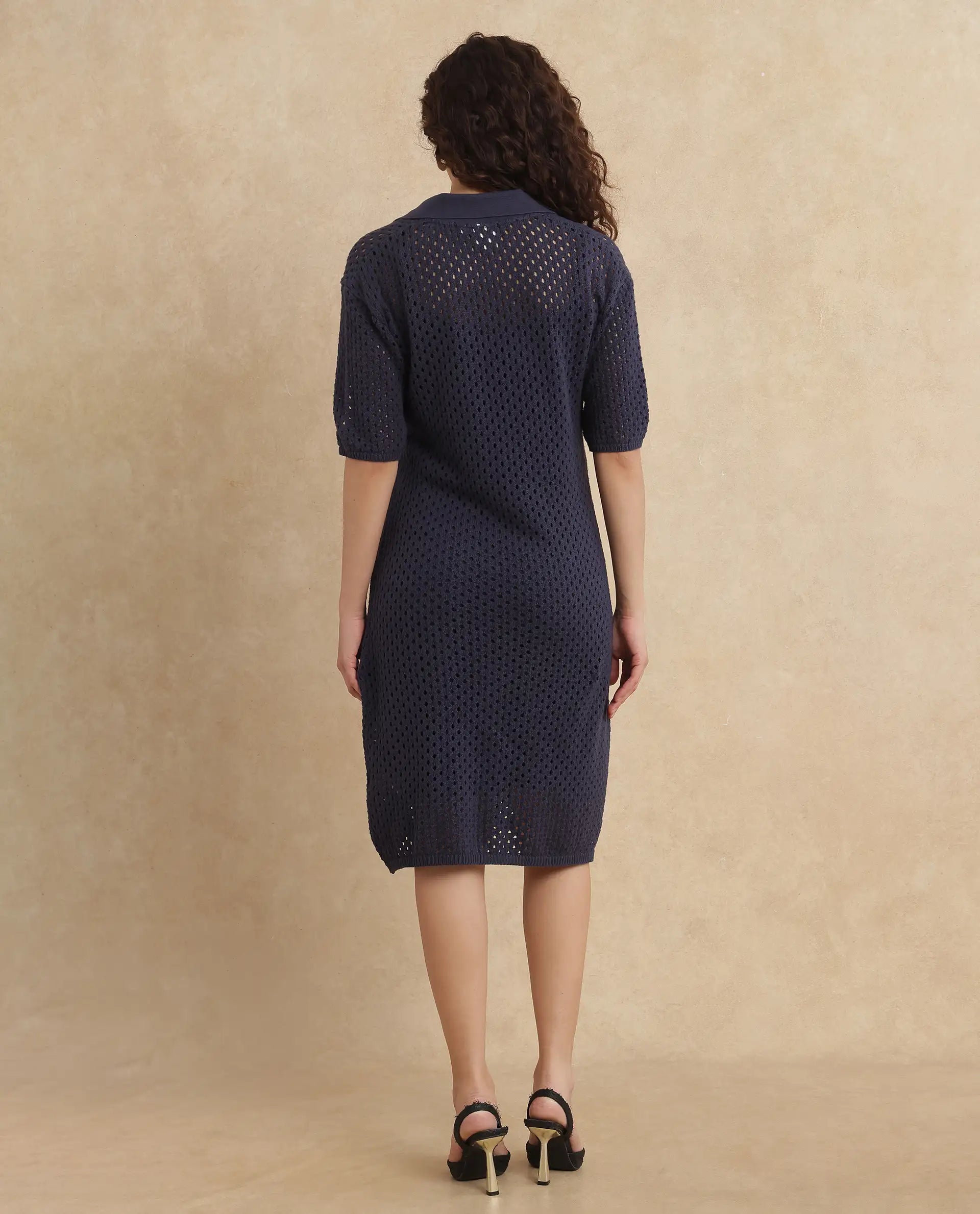 Rareism Women Ronpen Navy Cotton Fabric Sleeve Less Relaxed Fit Dress