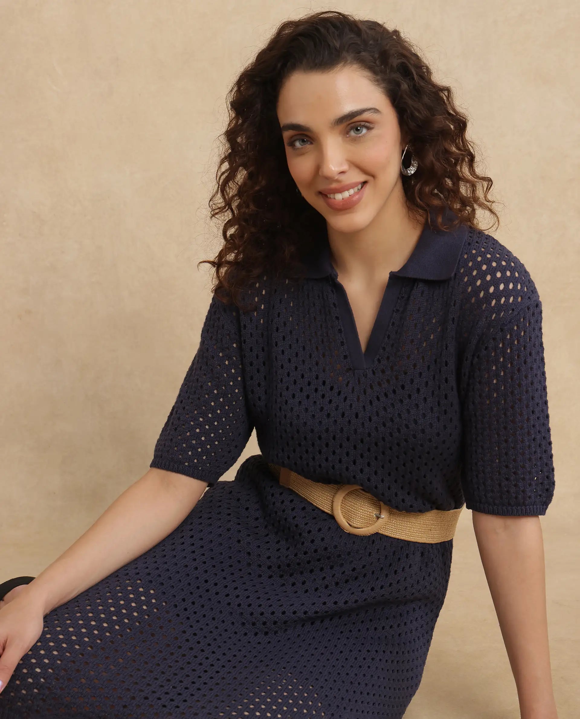 Rareism Women Ronpen Navy Cotton Fabric Sleeve Less Relaxed Fit Dress