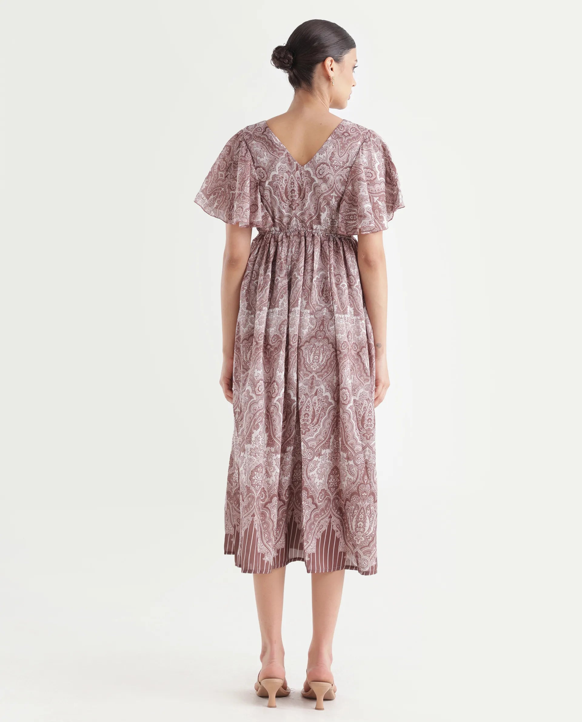 Rareism Women's Ronruf Light Brown Polyester V-Neck Ornamental Print Ruffled Sleeve Midi A-Line Dress
