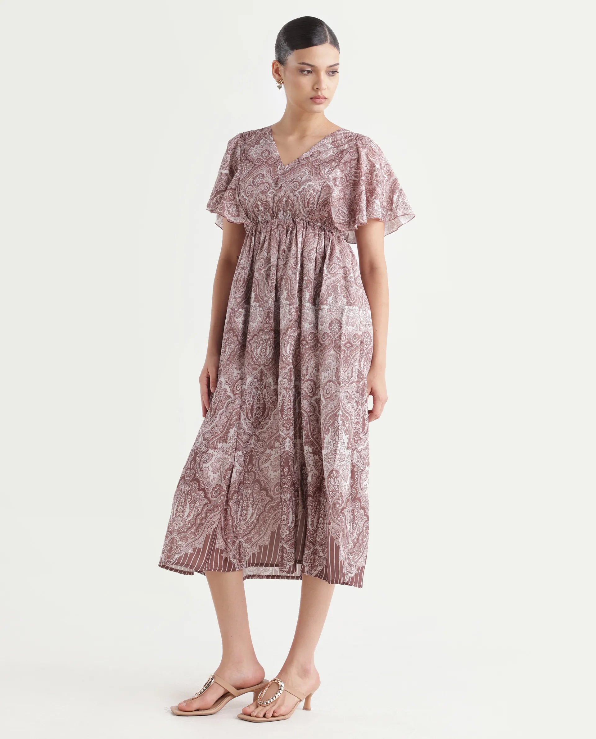 Rareism Women's Ronruf Light Brown Polyester V-Neck Ornamental Print Ruffled Sleeve Midi A-Line Dress