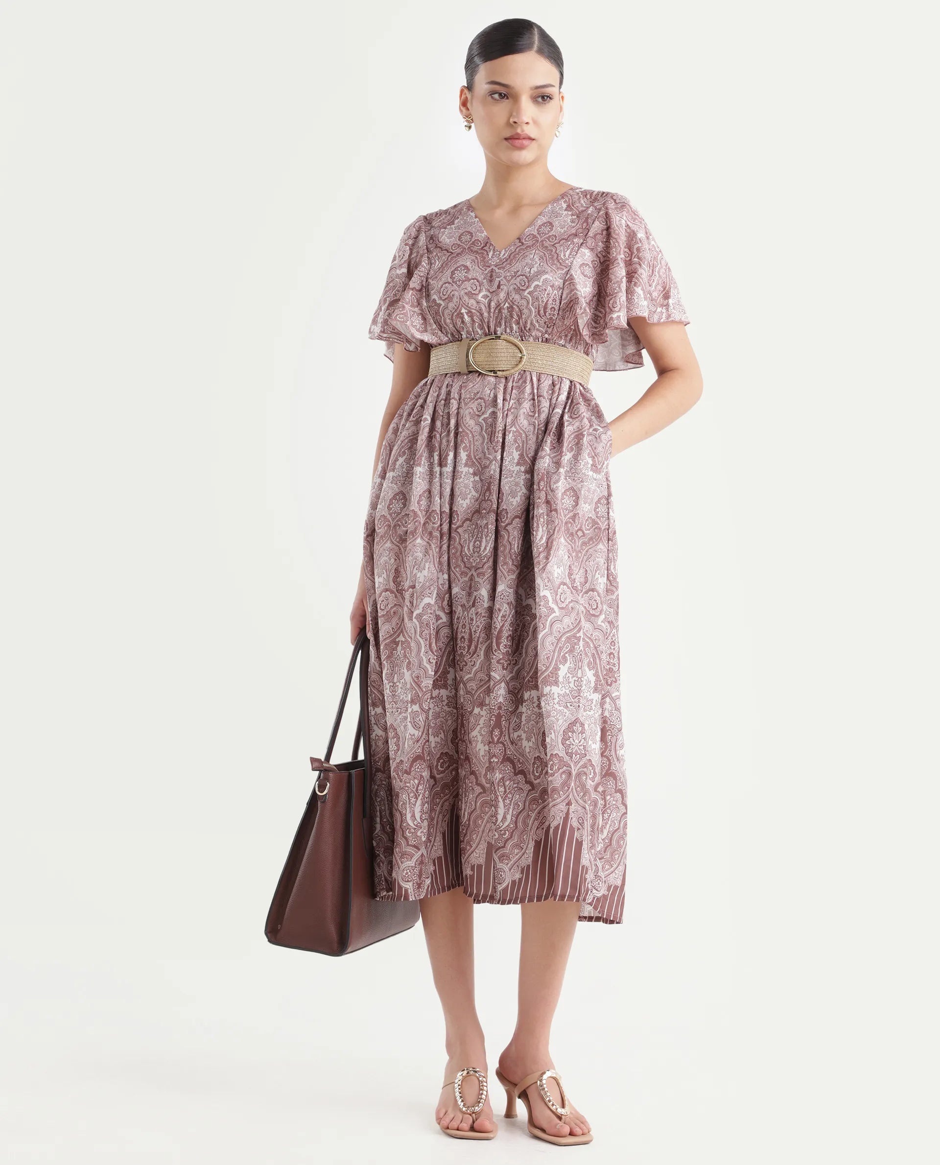 Rareism Women's Ronruf Light Brown Polyester V-Neck Ornamental Print Ruffled Sleeve Midi A-Line Dress