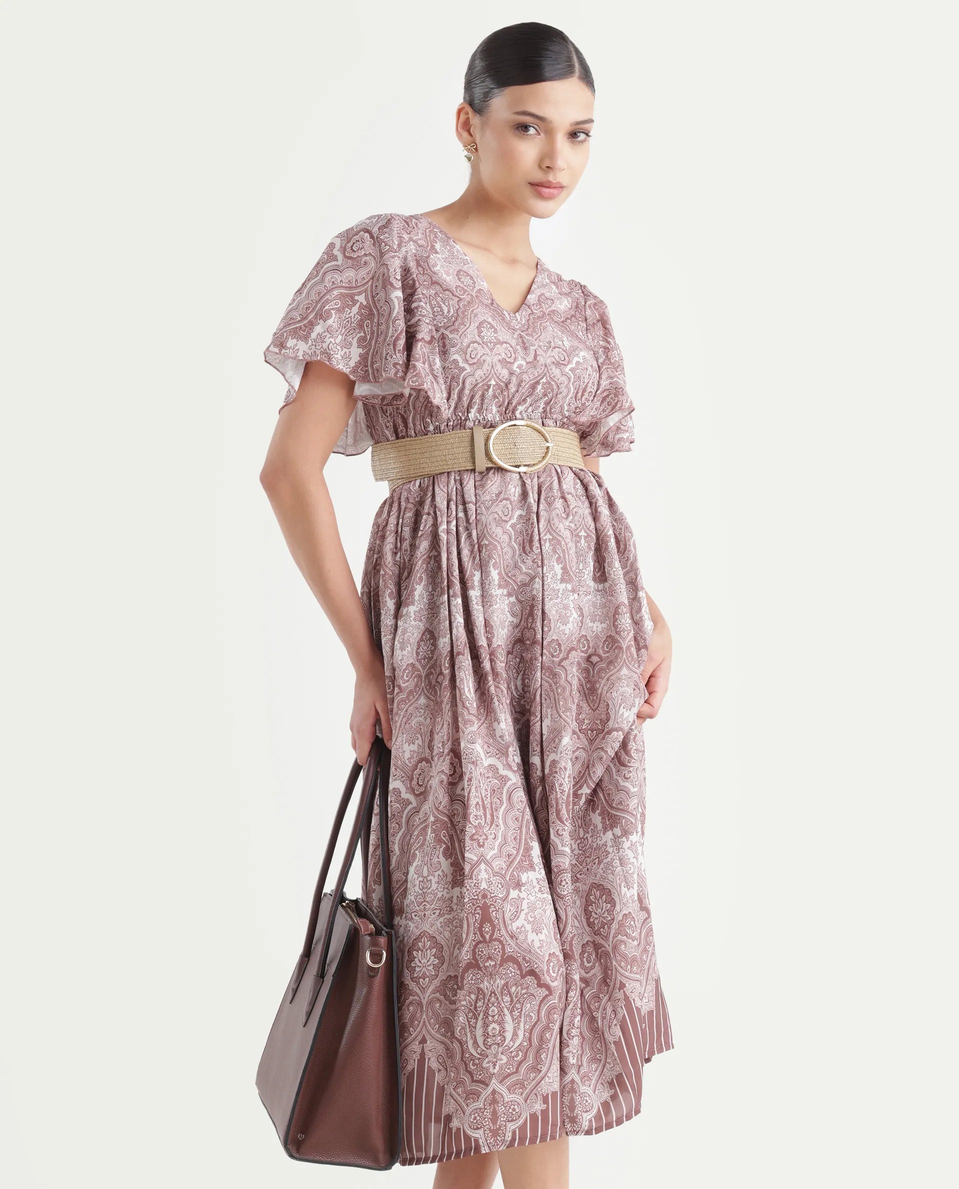 Rareism Women's Ronruf Light Brown Polyester V-Neck Ornamental Print Ruffled Sleeve Midi A-Line Dress