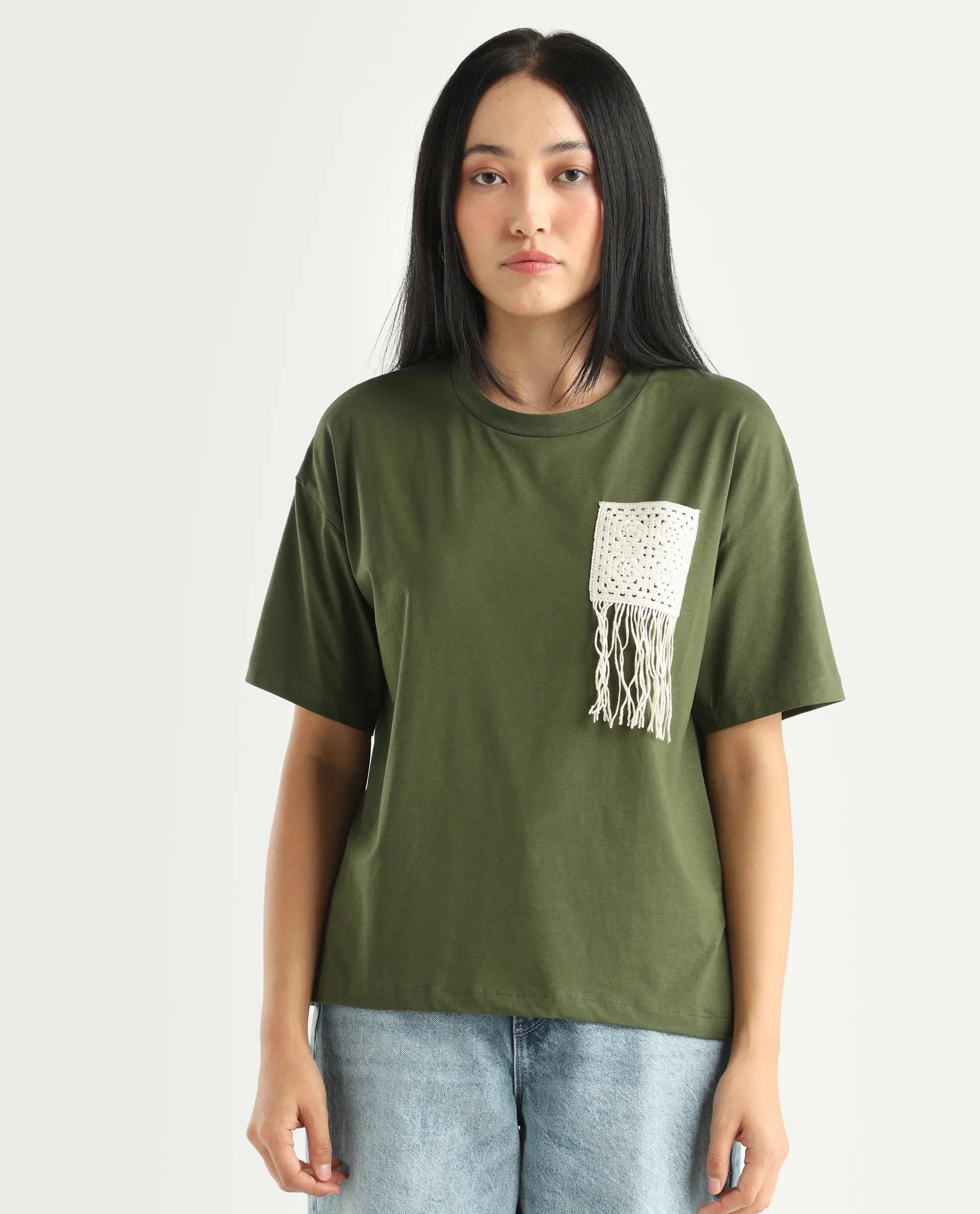 Rareism Women's Ronrufo Olive Cotton Blend Round Neck Plain Boxy Fit T-Shirt